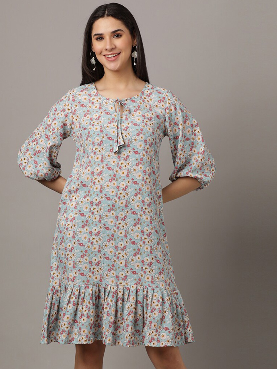 

The Mom Store Floral Printed Crepe A-Line Dress, Blue