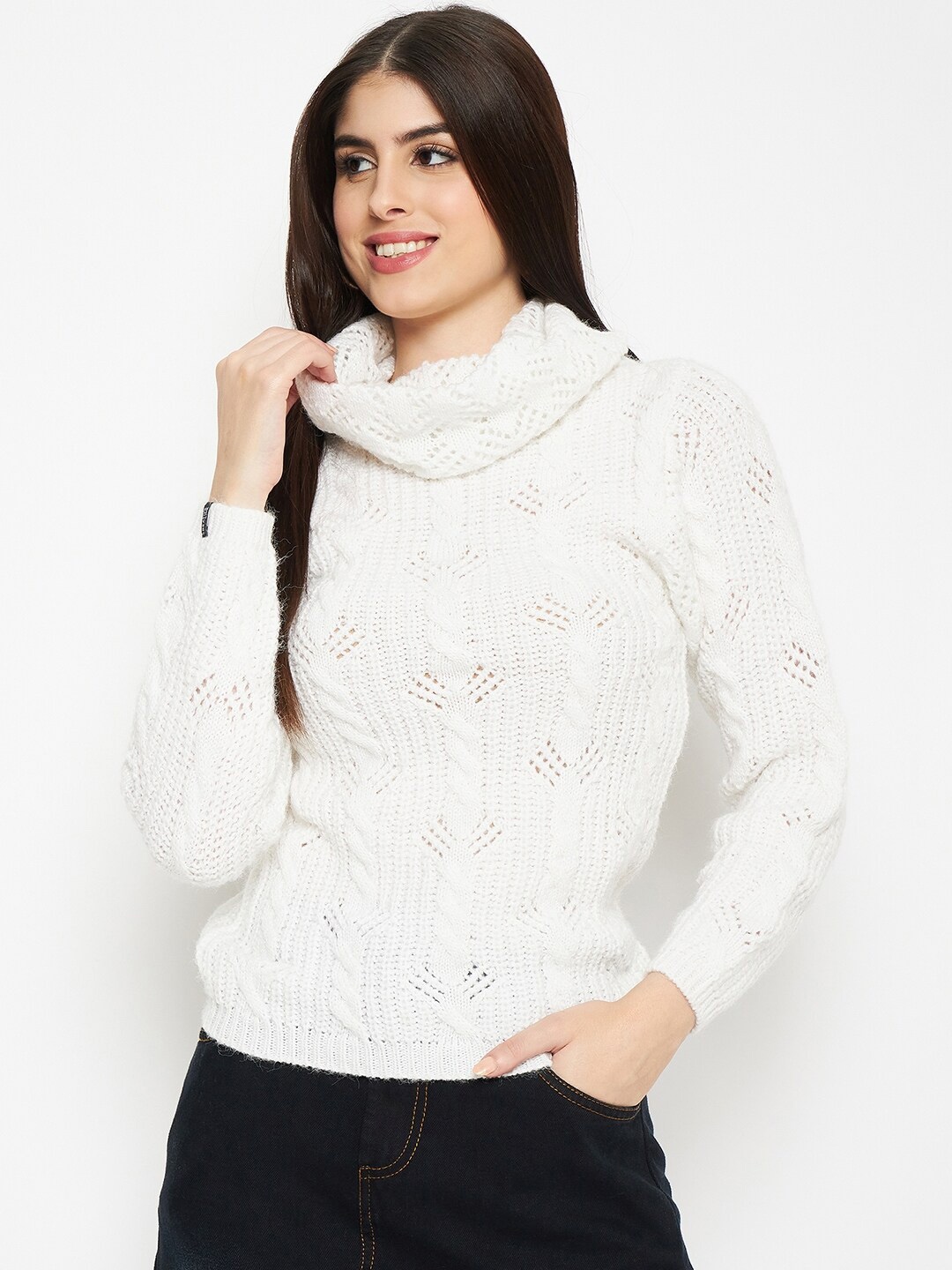 

CREATIVE LINE Self Designed Turtle Neck Woollen Pullover, White