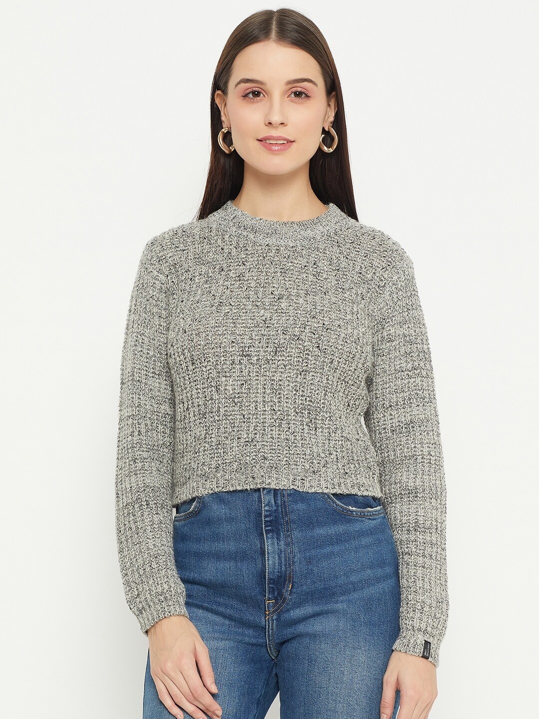 

CREATIVE LINE Self Design Woollen Crop Top, Black