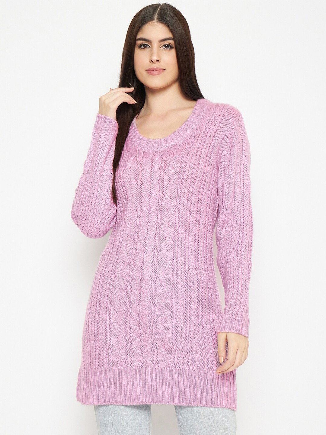 

CREATIVE LINE Cable Knit Woollen Longline Pullover, Pink