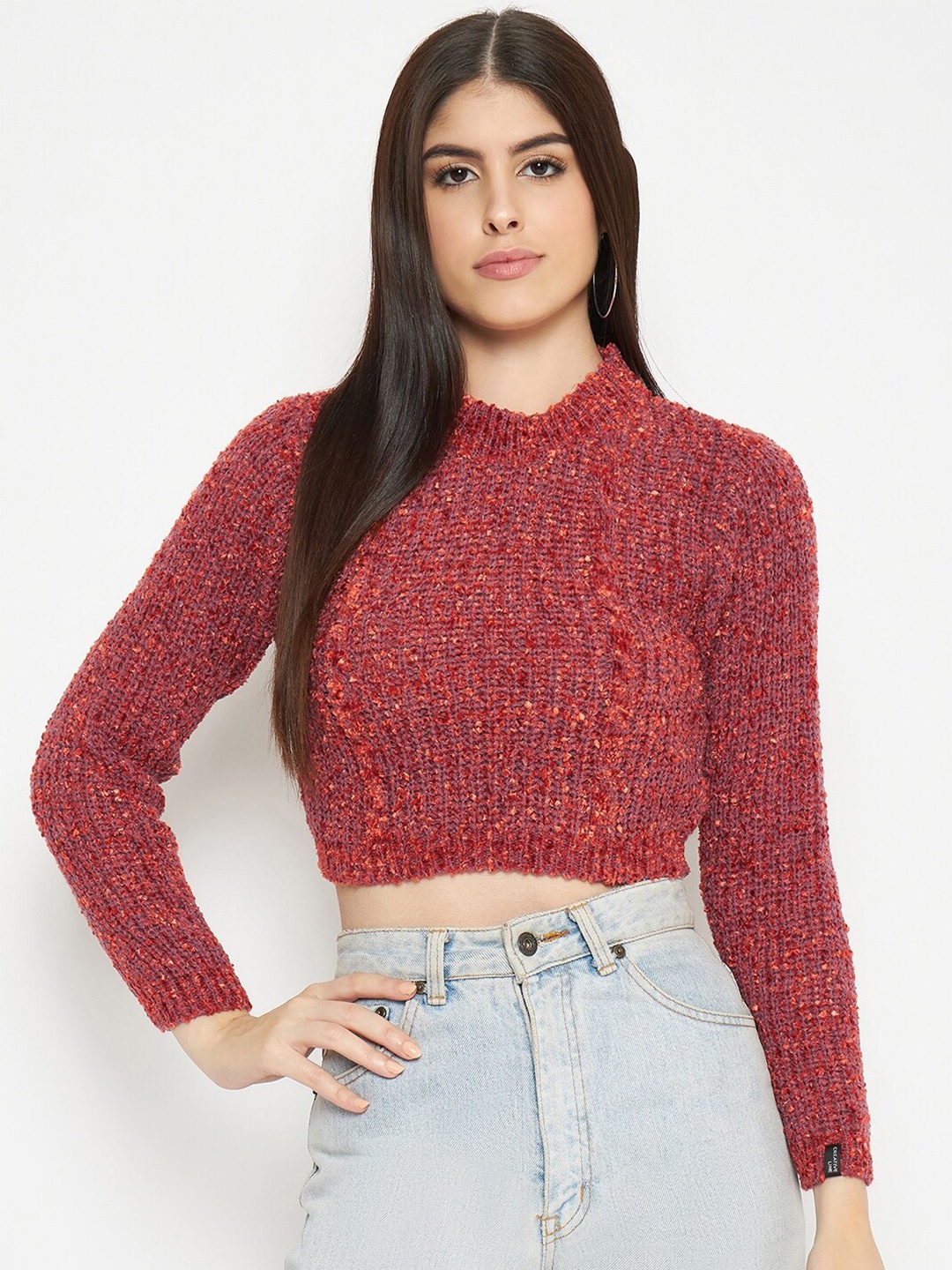 

CREATIVE LINE Cable Knit Woollen Cropped Pullover, Red