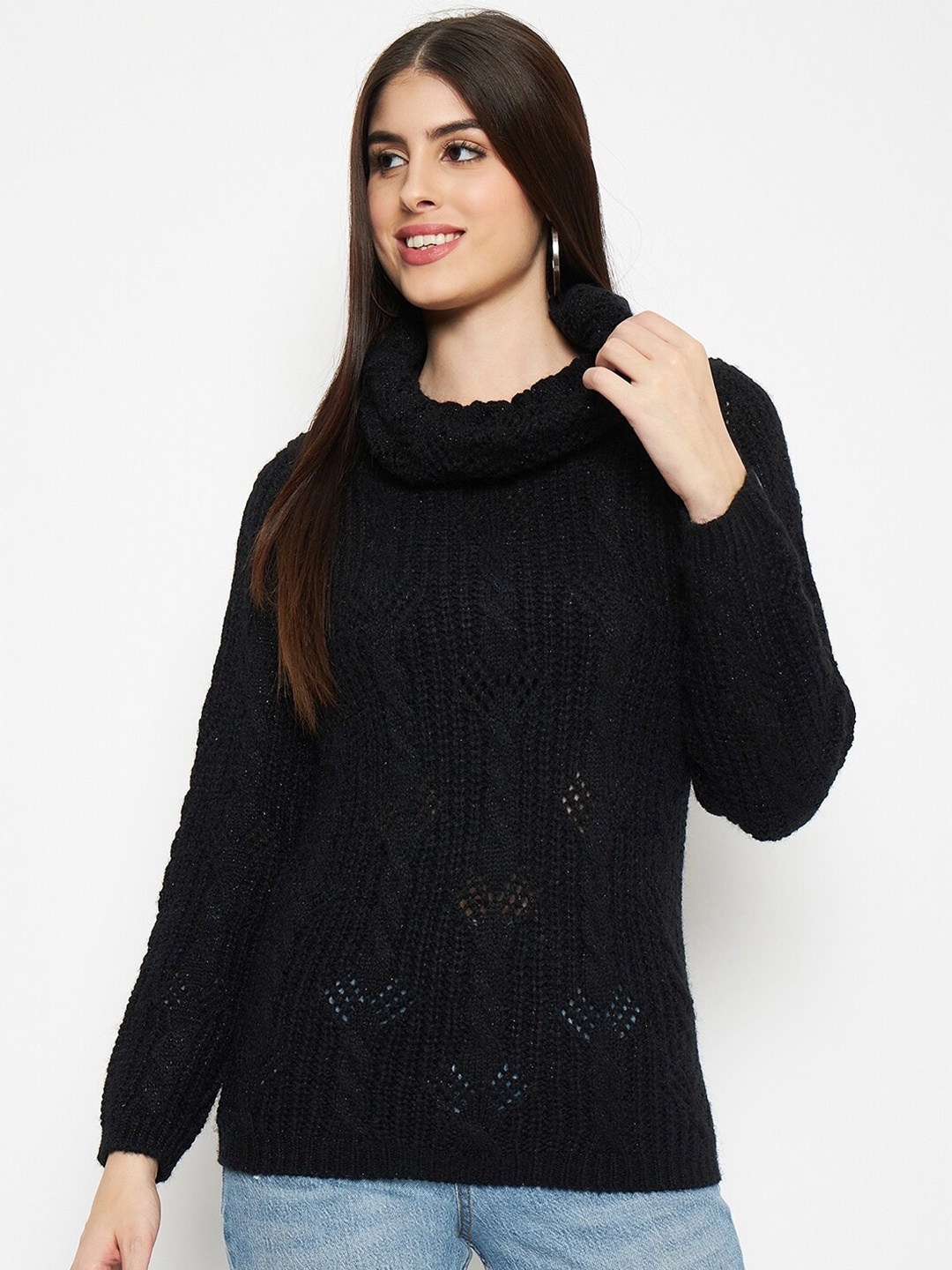 

CREATIVE LINE Self Designed Turtle Neck Woollen Pullover, Black