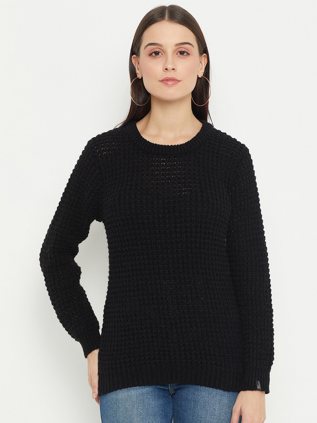 

CREATIVE LINE Self Designed Round Neck Woollen Pullover, Black