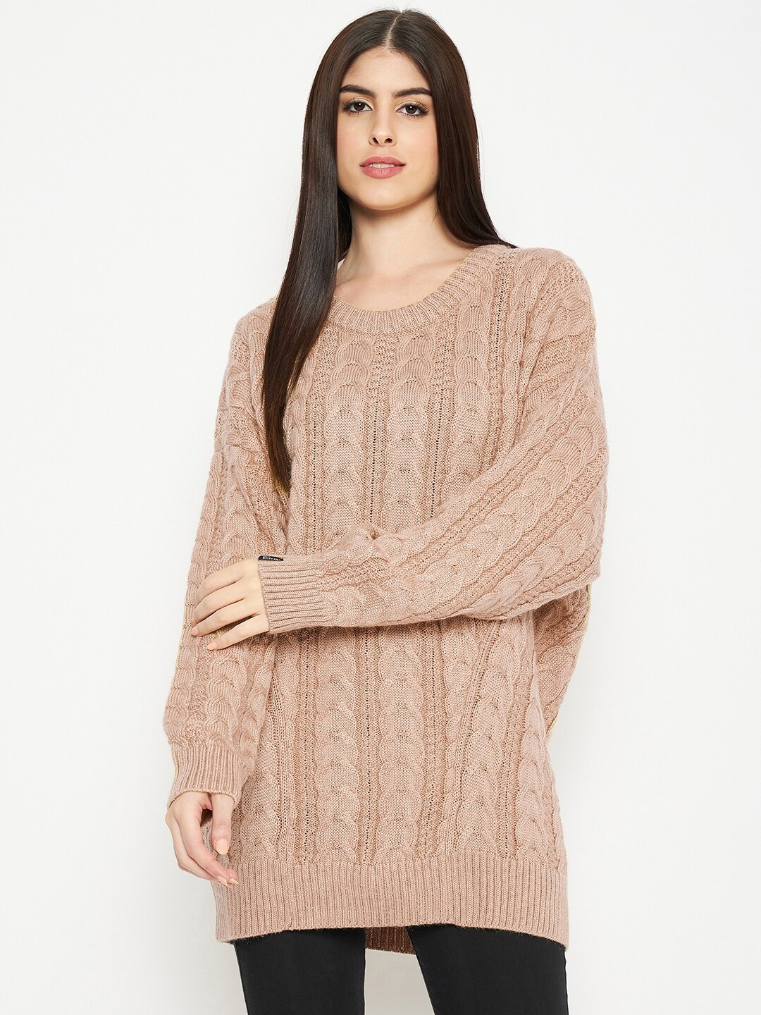 

CREATIVE LINE Self Designed Round Neck Woollen Longline Pullover, Beige