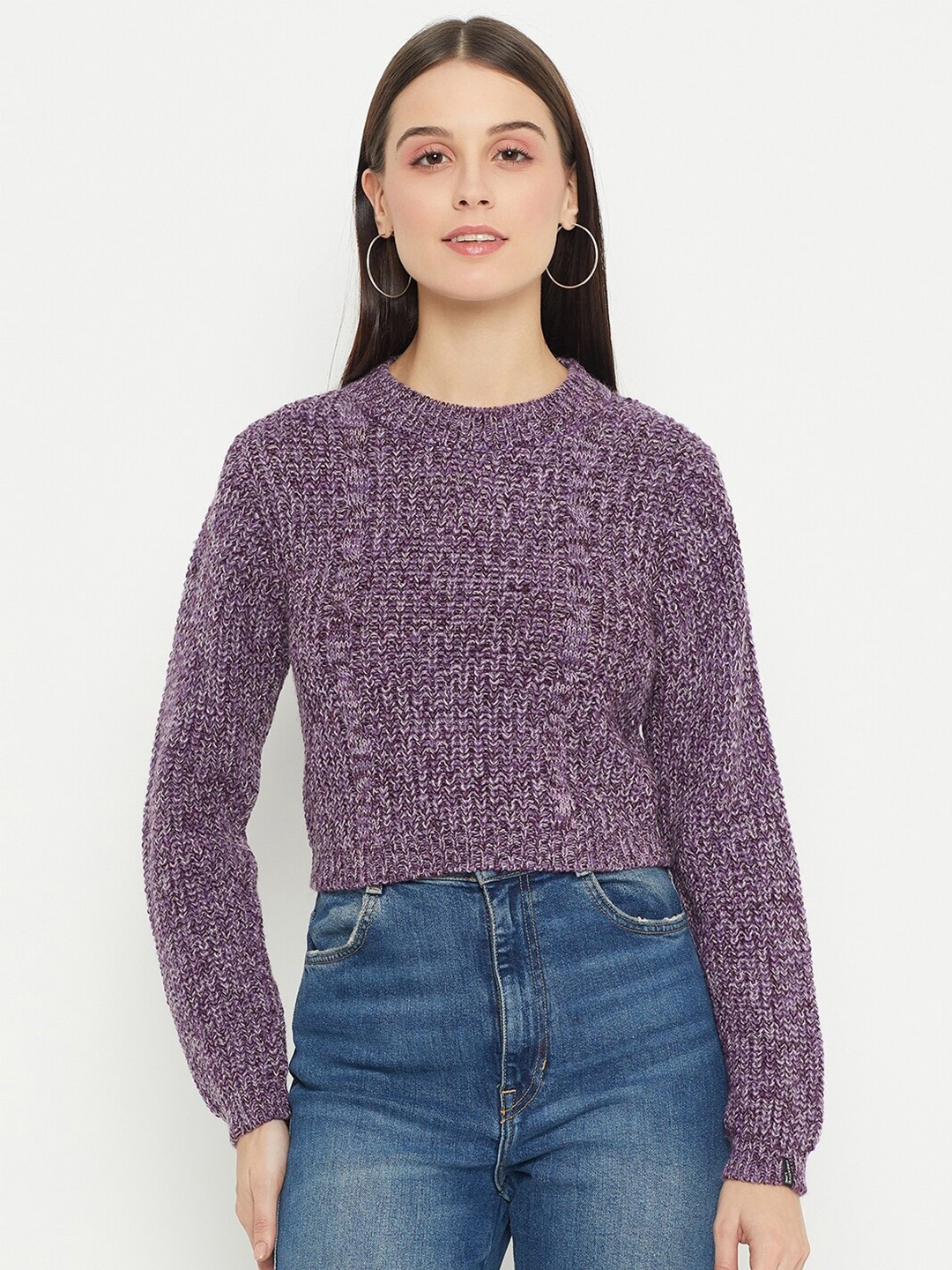 

CREATIVE LINE Self Designed Round Neck Woollen Crop Pullover, Purple