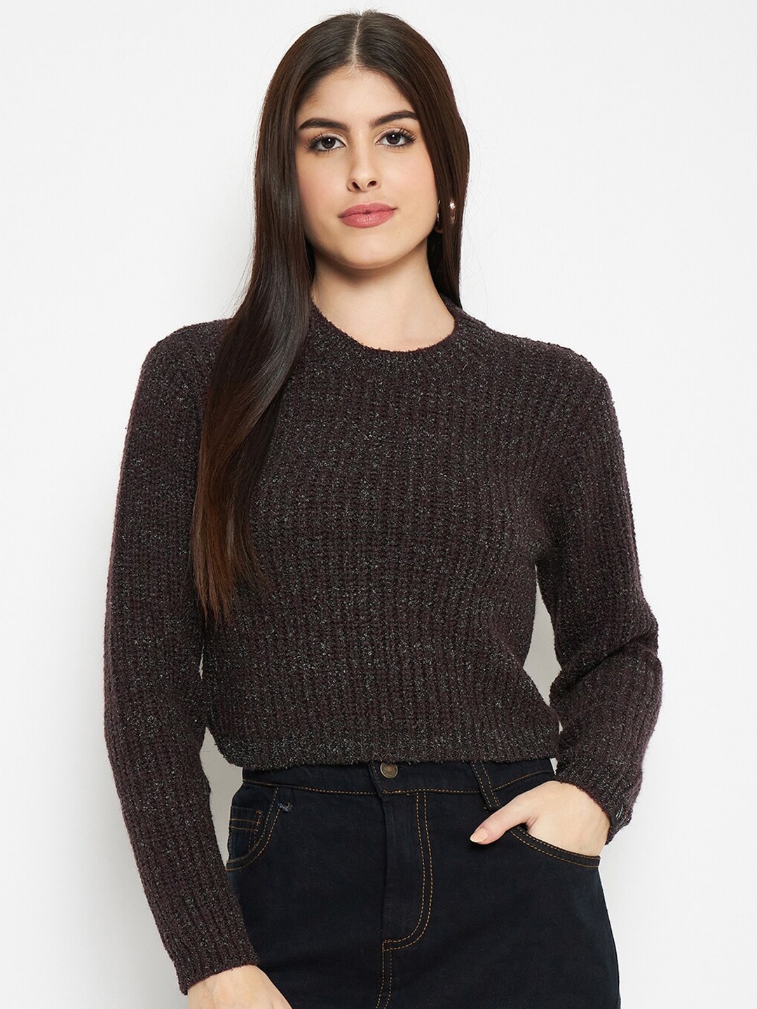 

CREATIVE LINE Self Designed Round Neck Woollen Pullover, Brown