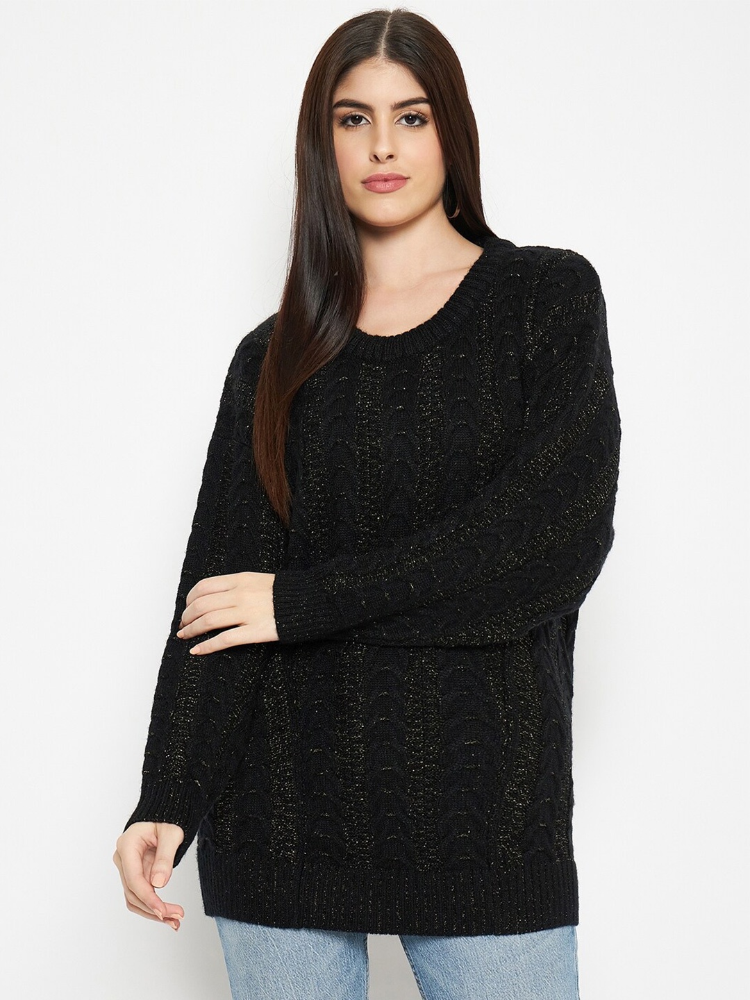 

CREATIVE LINE Self Designed Round Neck Woollen Pullover, Black