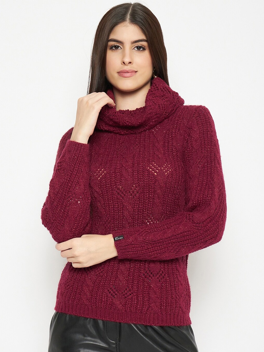 

CREATIVE LINE Self Designed Turtle Neck Woollen Pullover, Maroon