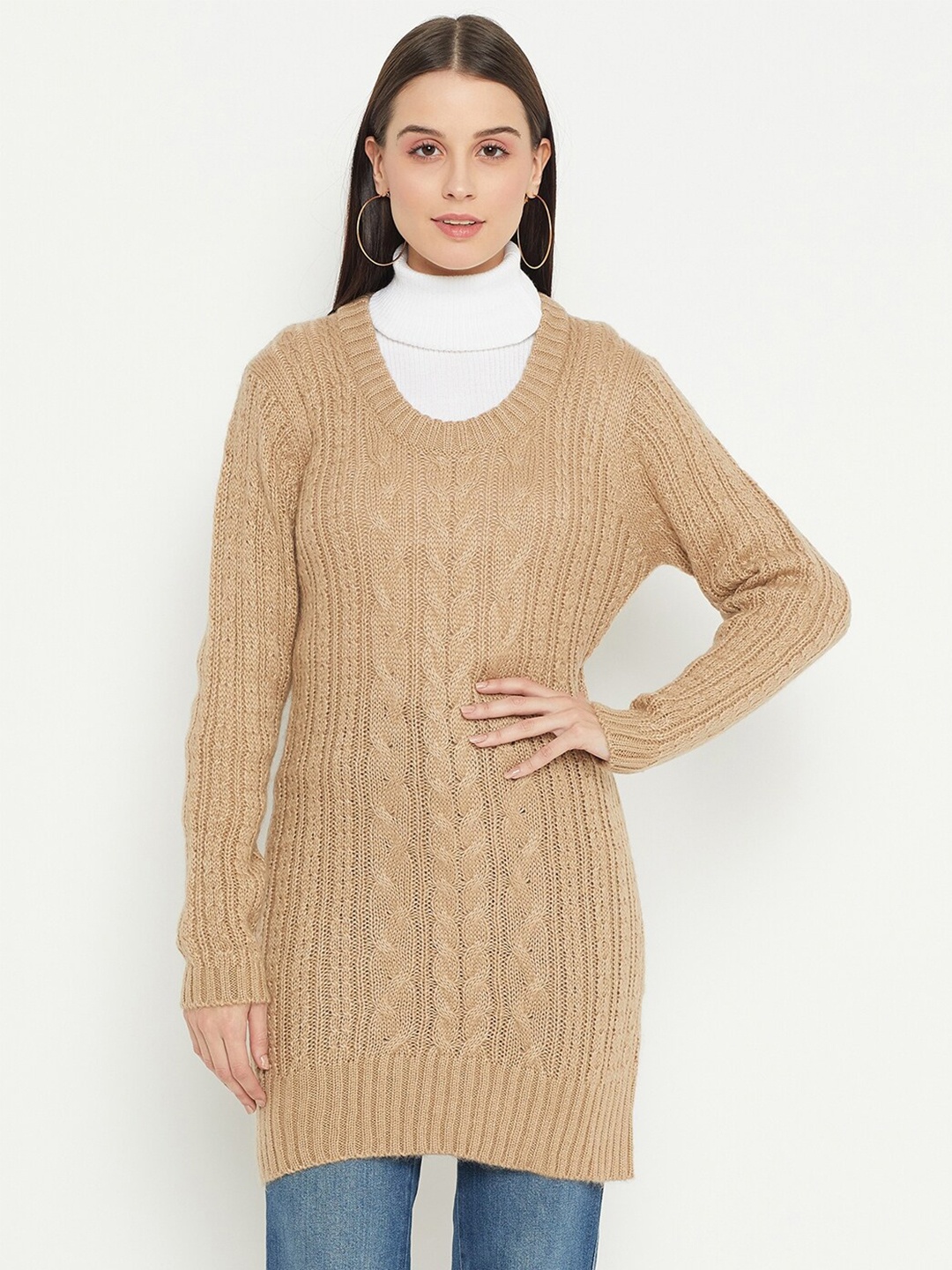 

CREATIVE LINE Cable Knit Woollen Longline Pullover, Beige