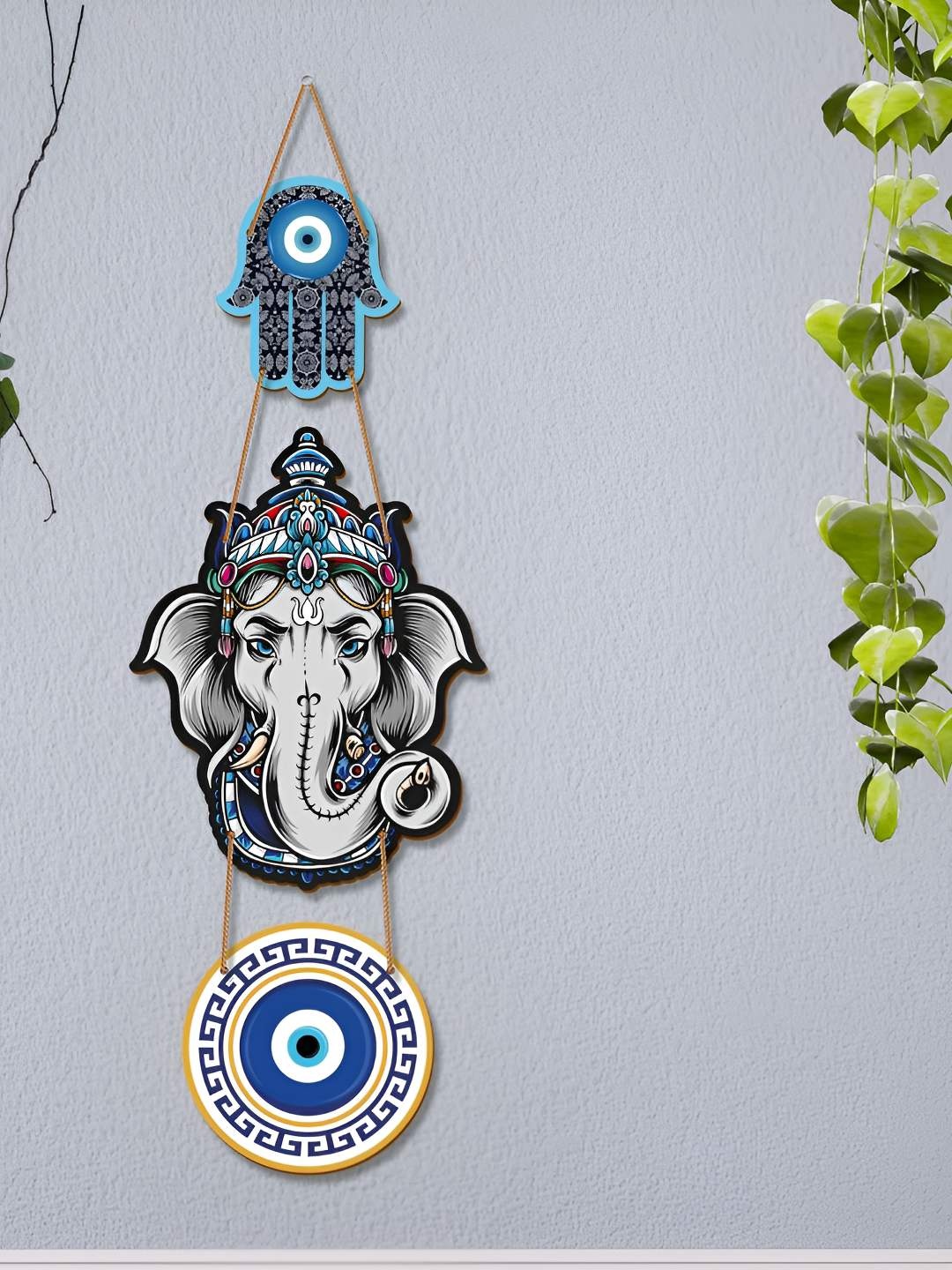 

Homspurts Blue & Grey Wooden Vintage Lord Ganesh Wall Hanging