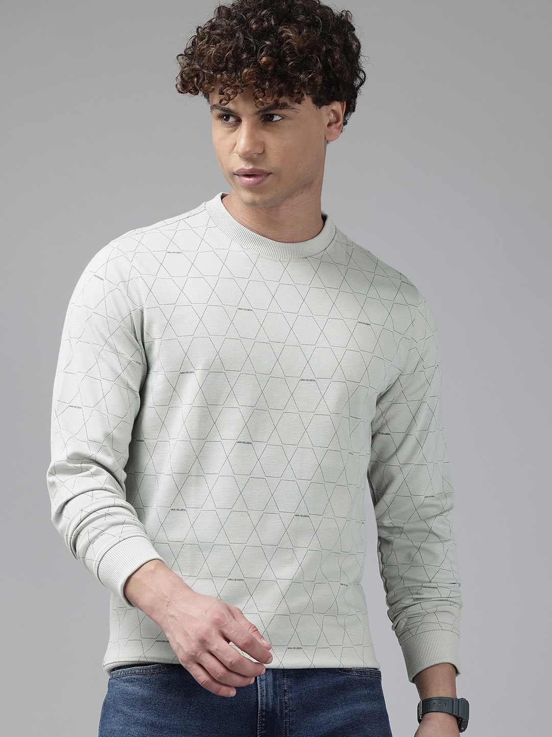 

V Dot Geometric Prints Round-Neck Sweatshirt, Grey