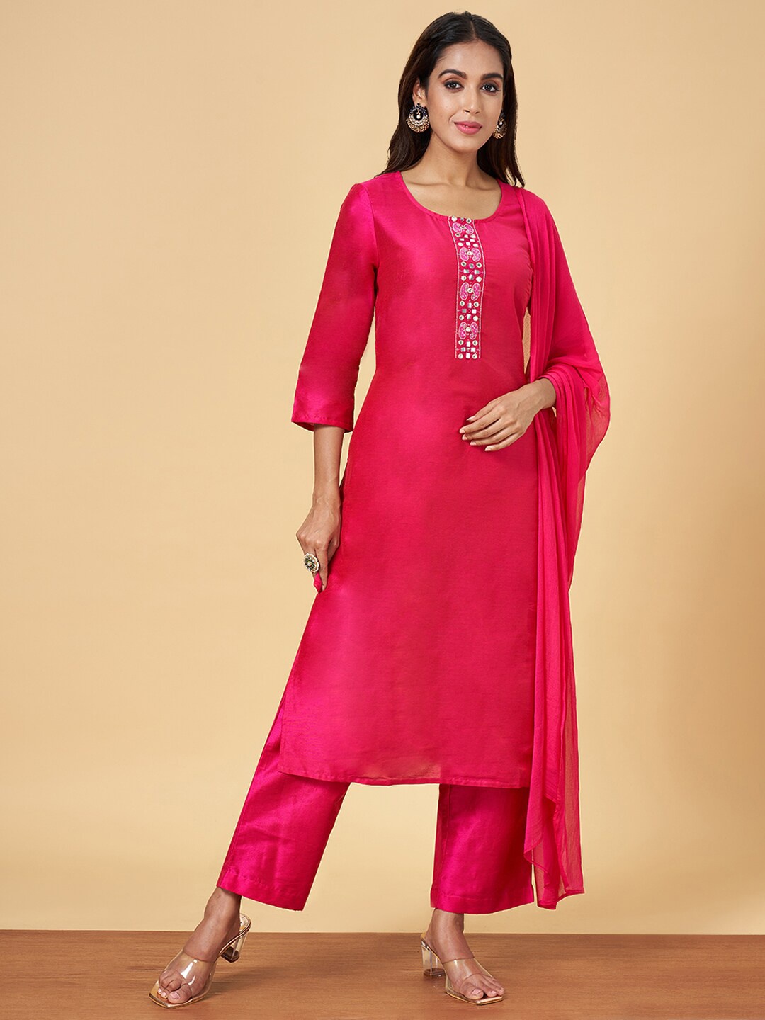 

YU by Pantaloons Yoke Design Straight Kurta with Trousers & With Dupatta, Pink