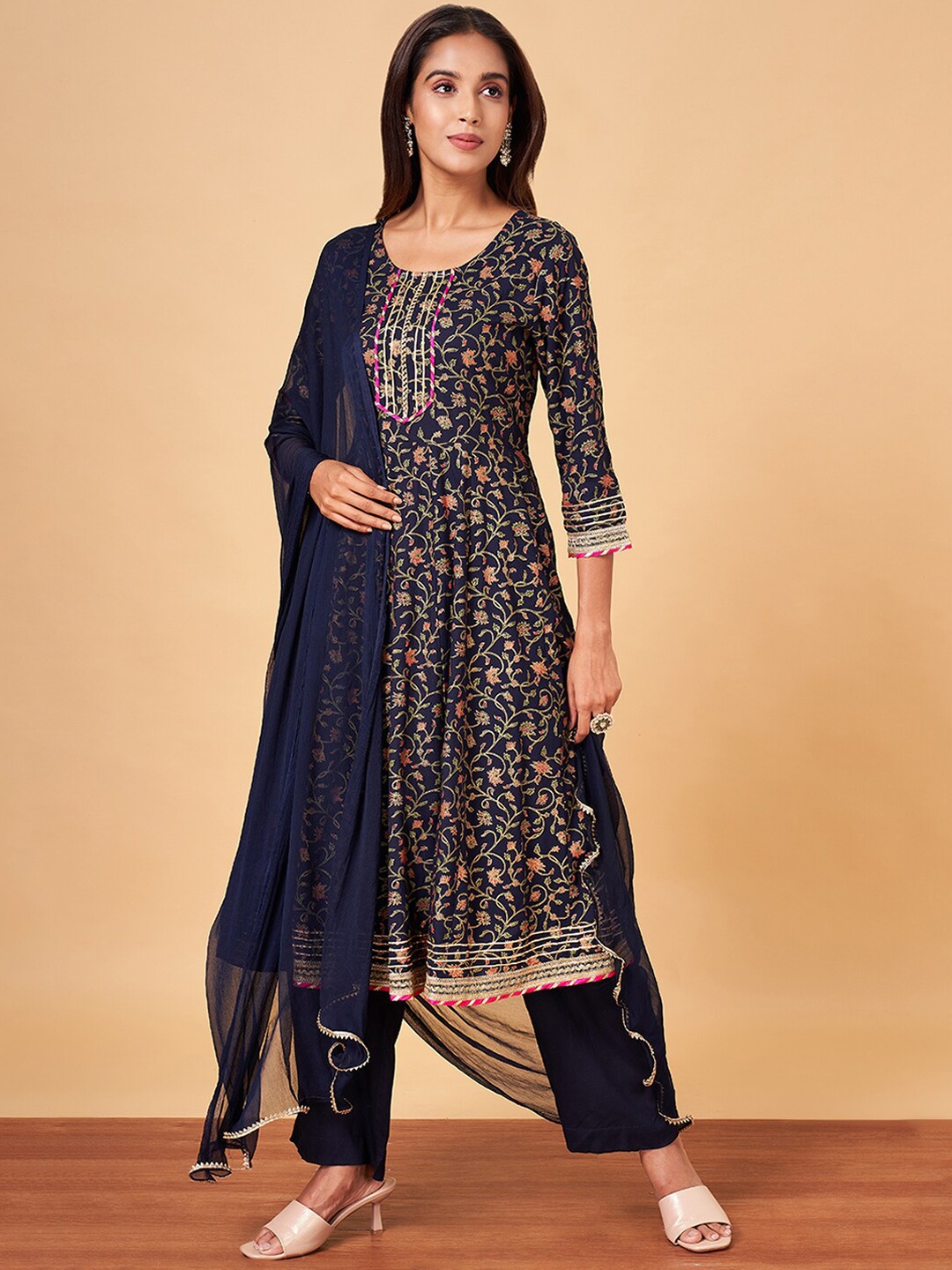 

YU by Pantaloons Floral Printed A-Line Gotta Patti Kurta With Trousers & Dupatta, Navy blue
