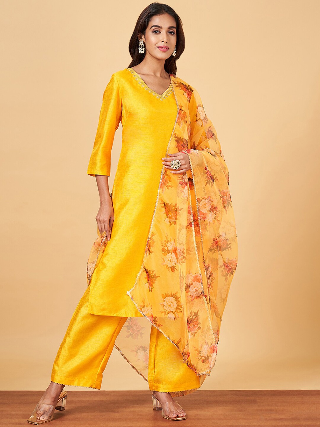 

YU by Pantaloons V-Neck Straight Kurta with Trousers & With Dupatta, Yellow