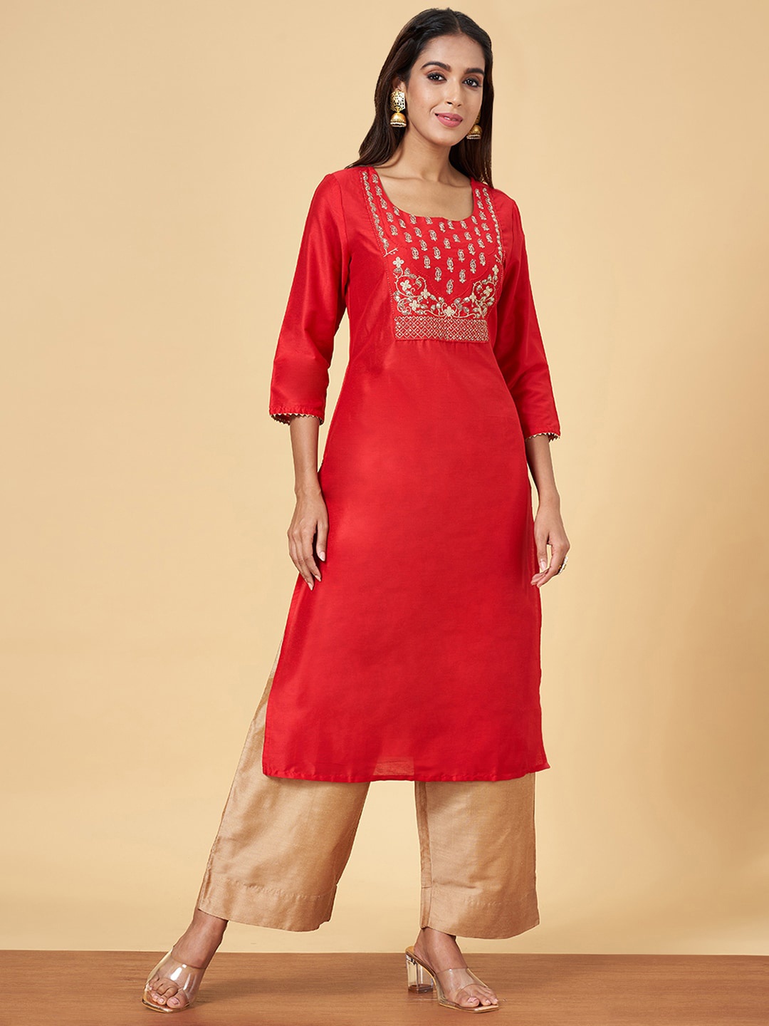 

YU by Pantaloons Ethnic Motifs Yoke Design Thread Work Straight Kurta, Red