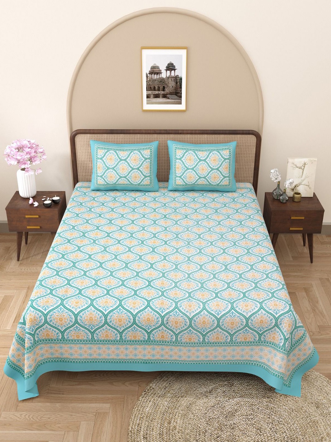 

Rajasthanikart Teal Ethnic Motifs Cotton 144 TC King Bedsheet with 2 Pillow Covers