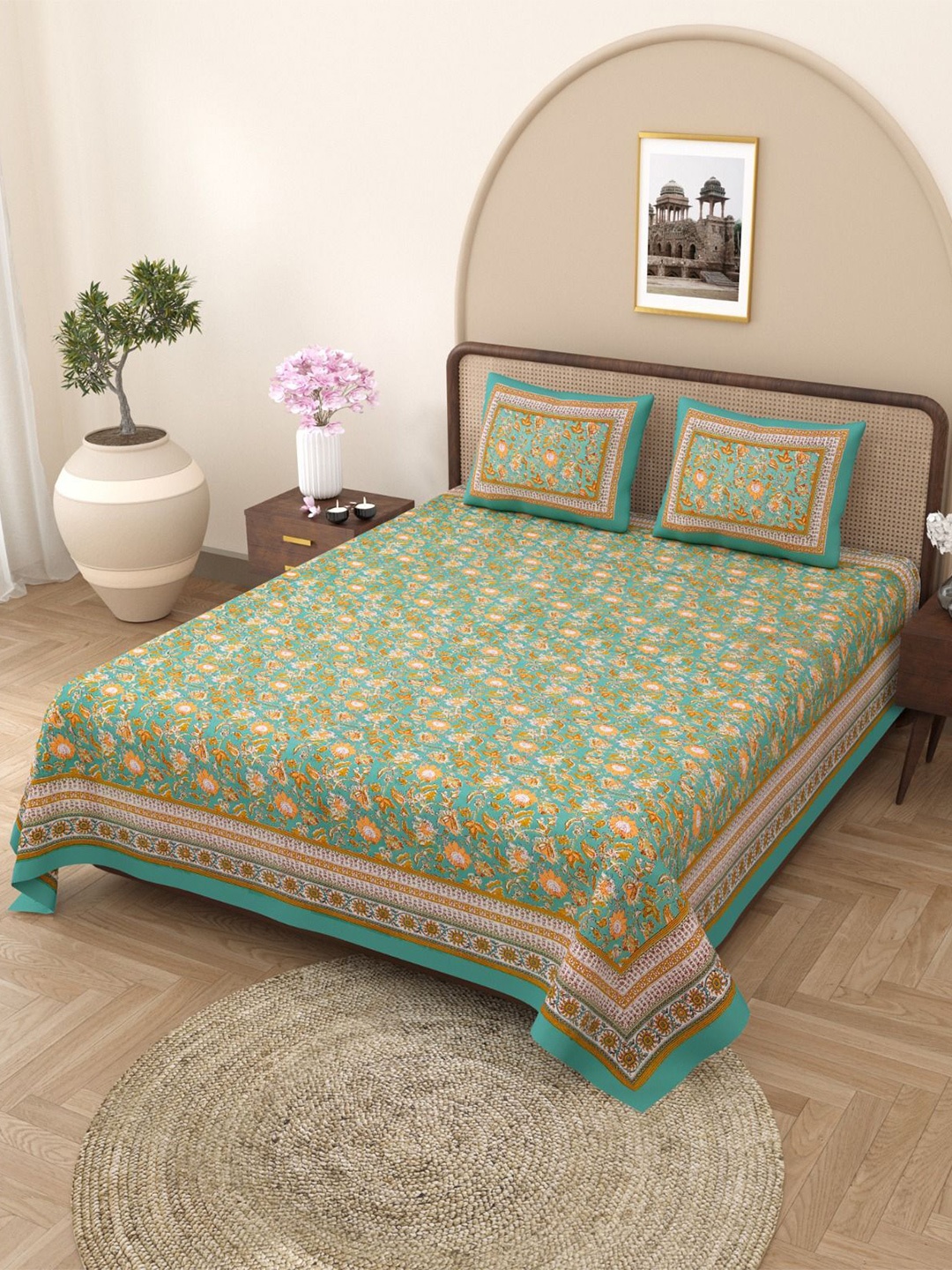 

Rajasthanikart Green Floral Cotton 144 TC King Bedsheet with 2 Pillow Covers