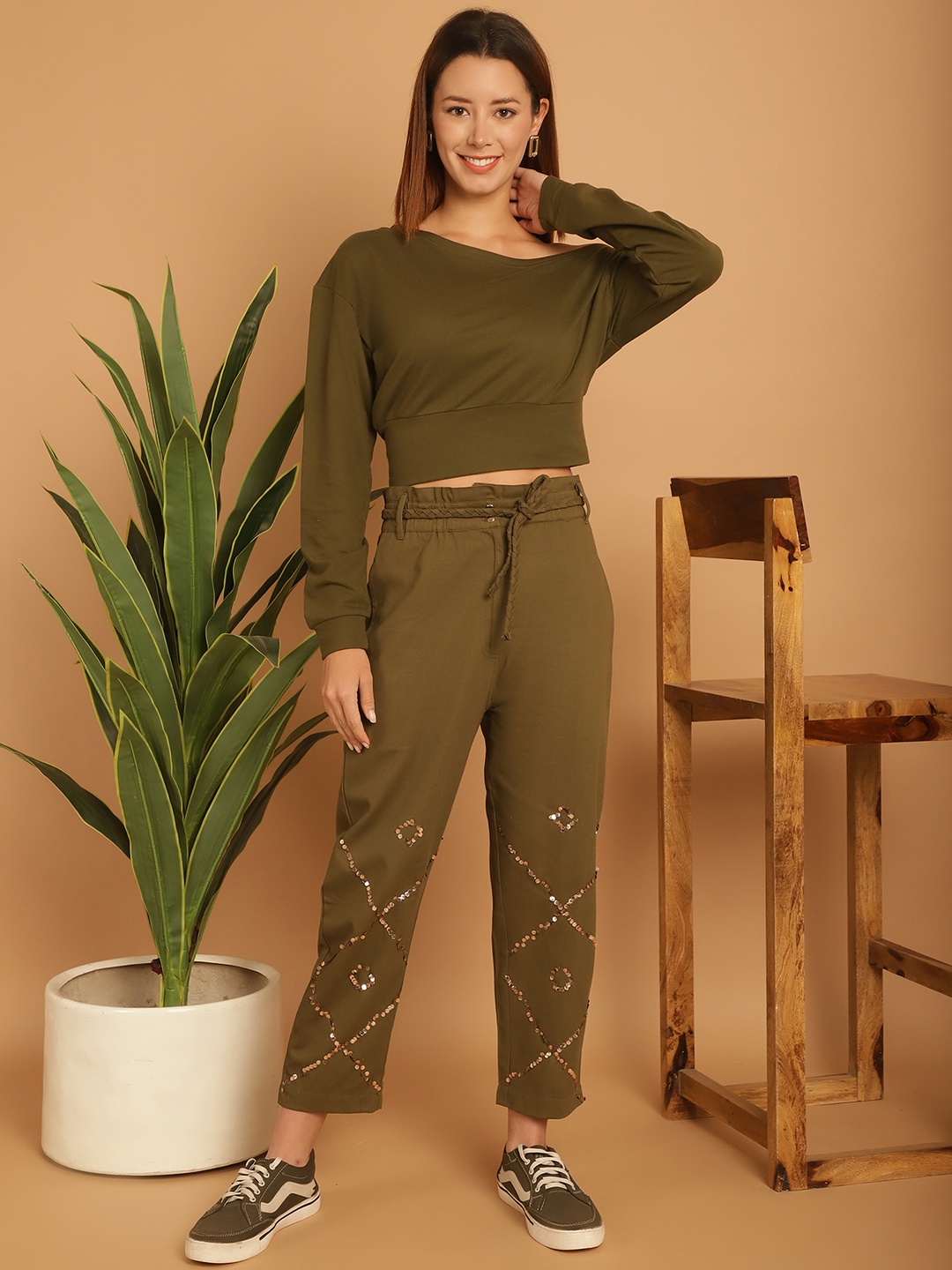 

BLANC9 One Shoulder Sweatshirt With Embellished Trousers, Olive