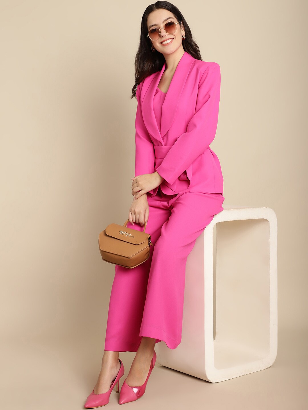 

BLANC9 Shoulder Straps Crop Top With Palazzos & Shawl Neck blazer, Pink