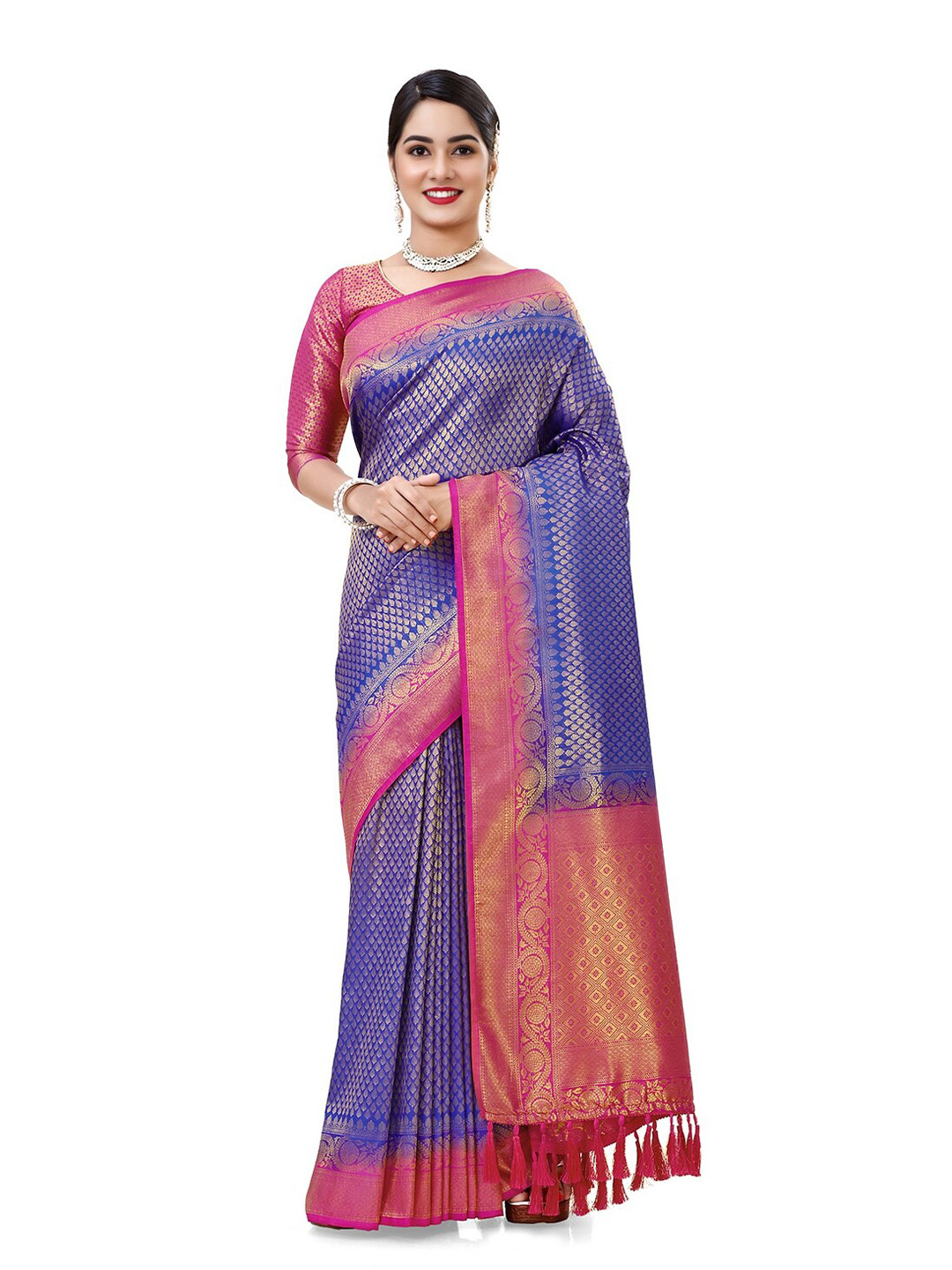 

DIVASTRI Ethnic Motifs Woven Design Zari Kanjeevaram Saree, Navy blue