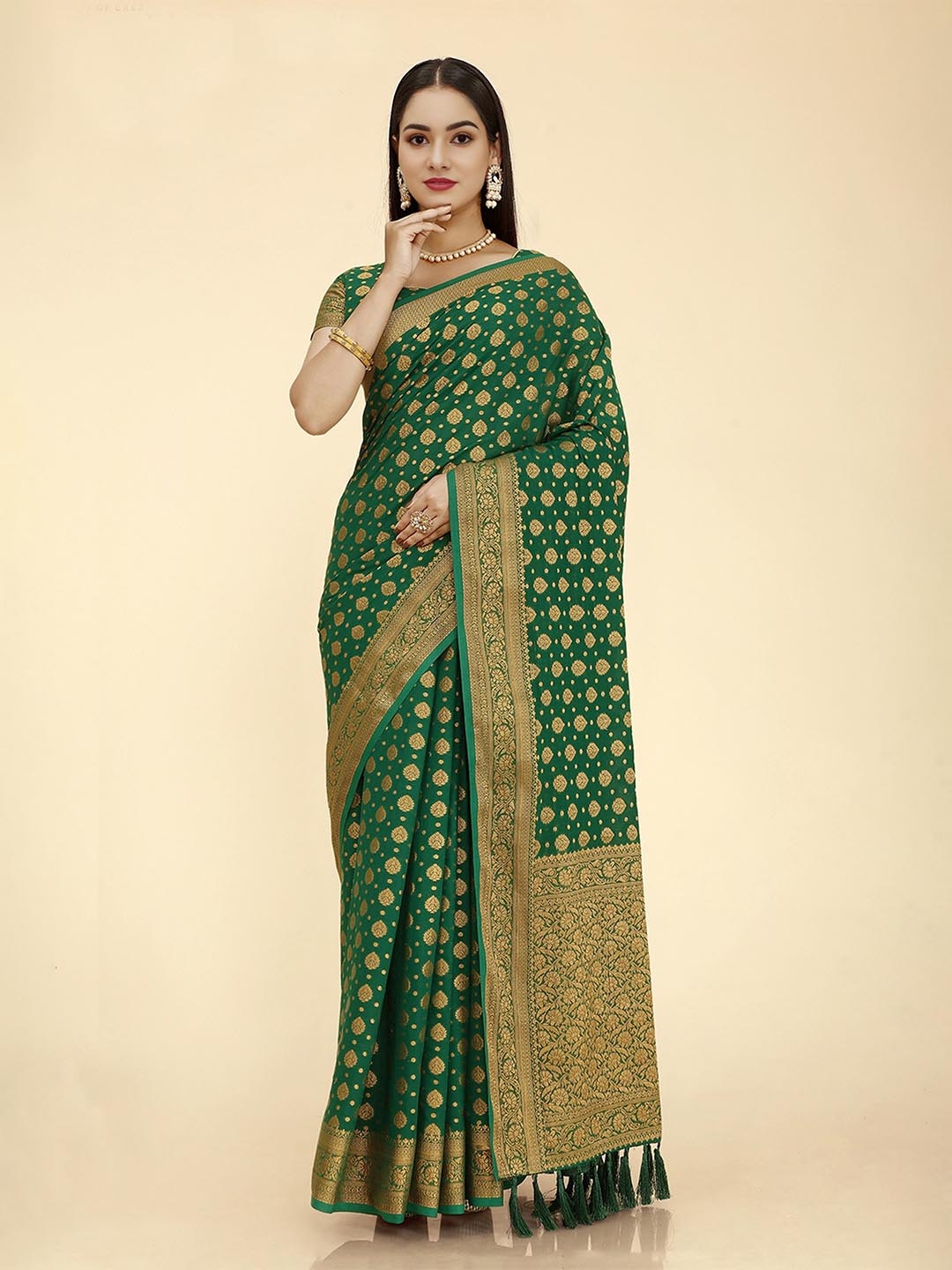 

DIVASTRI Ethnic Motifs Woven Design Zari Pure Georgette Banarasi Saree, Green