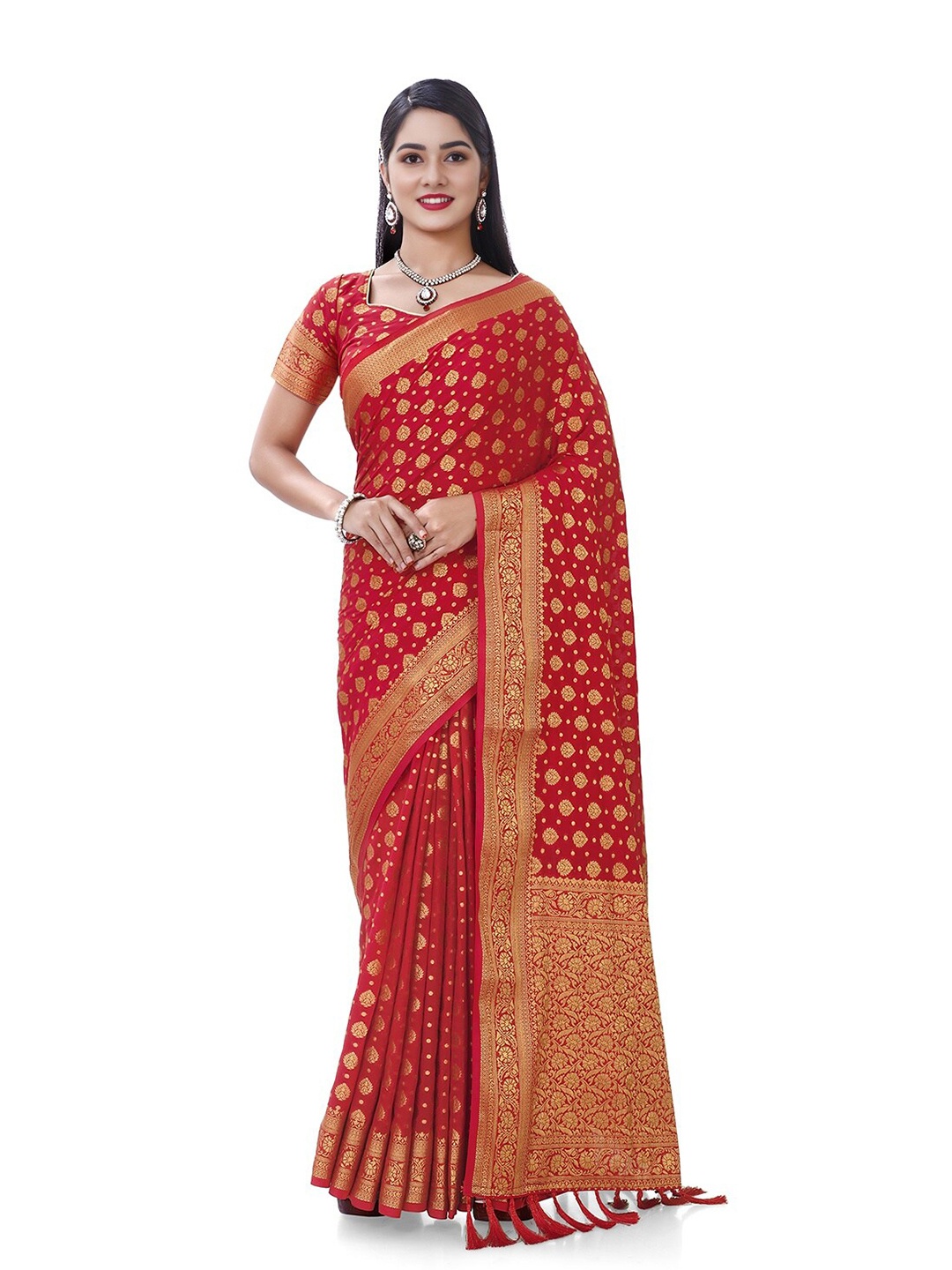 

DIVASTRI Ethnic Motifs Woven Design Zari Pure Georgette Banarasi Saree, Red