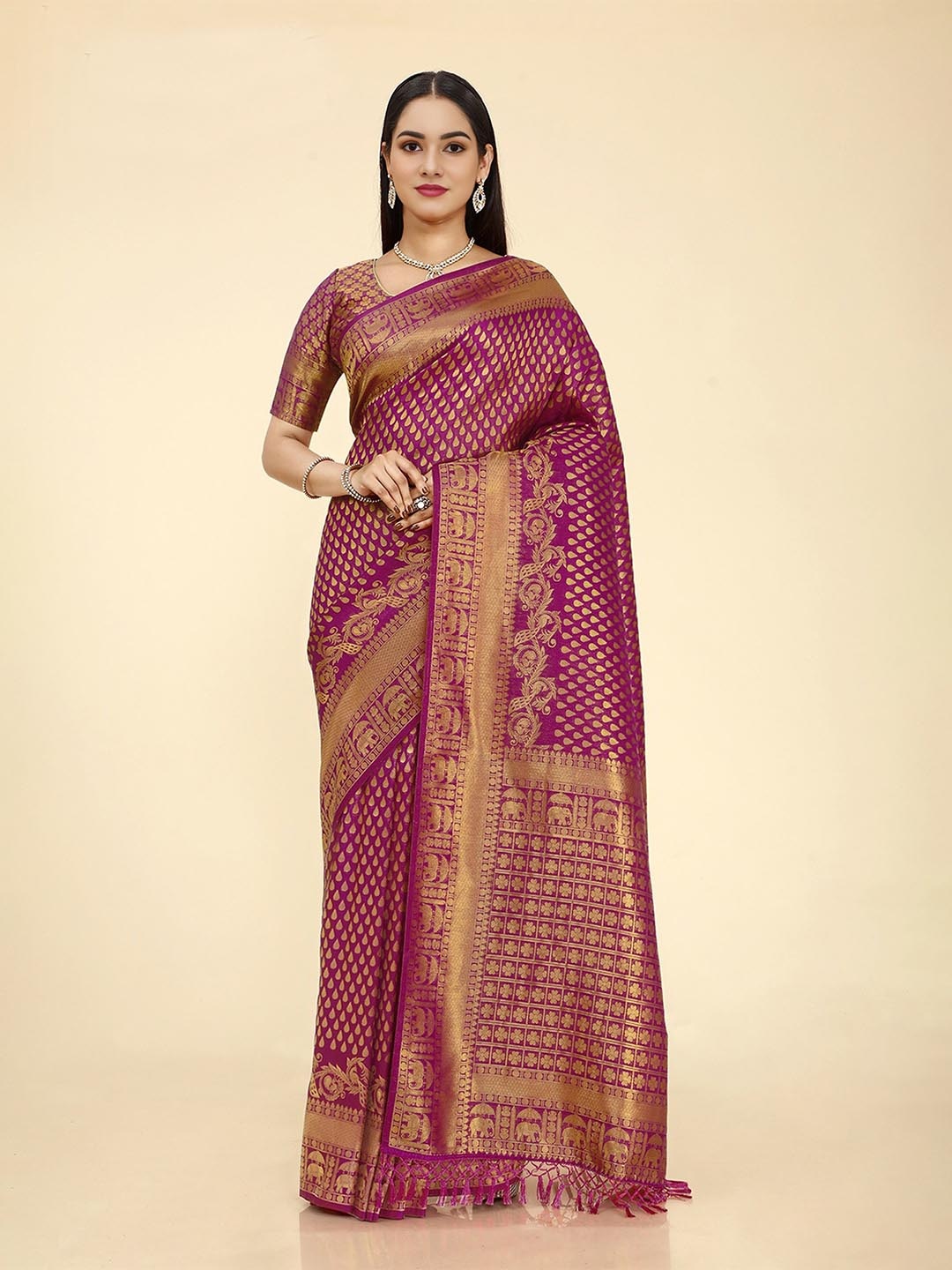 

DIVASTRI Ethnic Motifs Woven Design Zari Kanjeevaram Saree, Purple