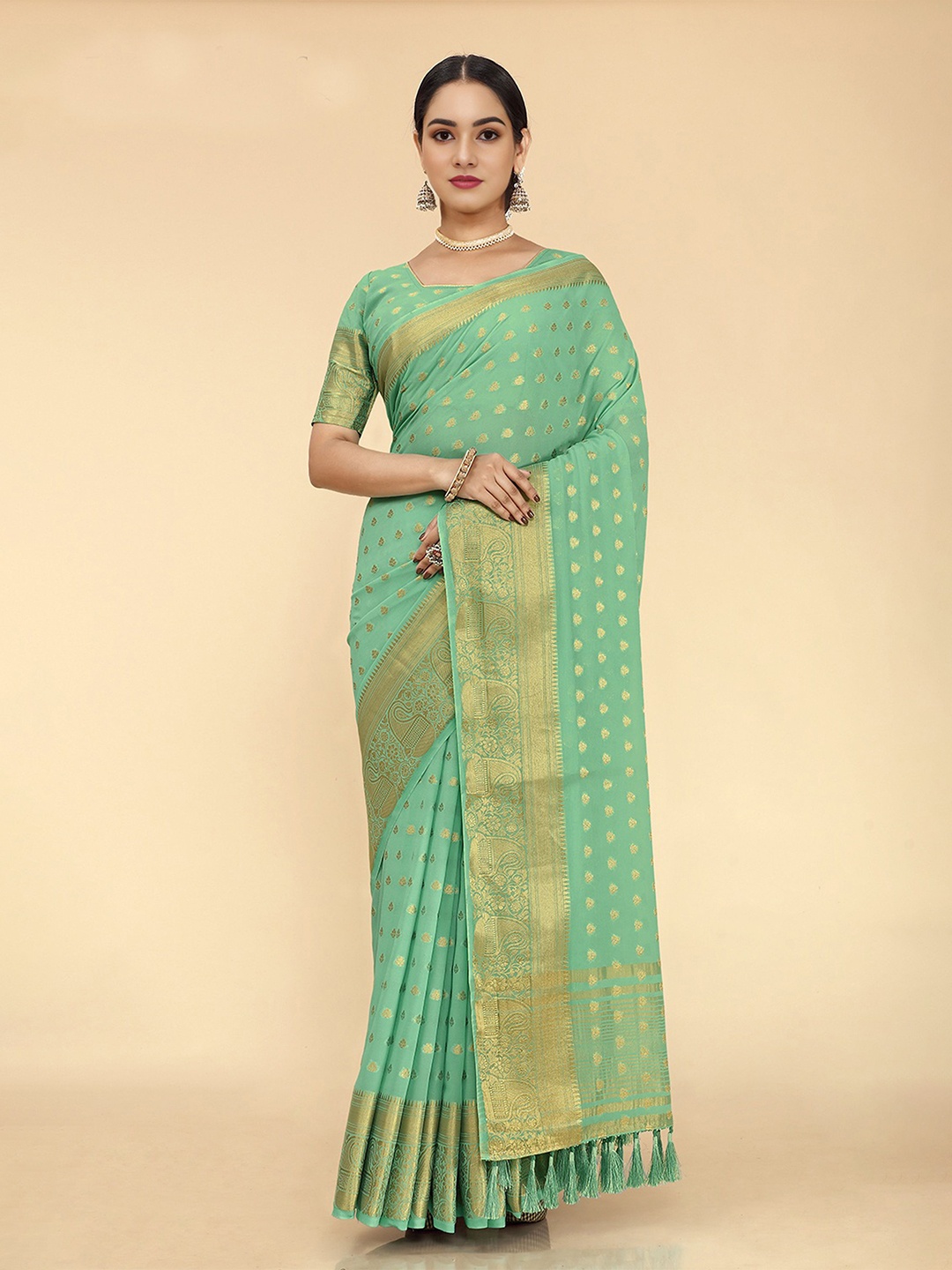 

DIVASTRI Ethnic Motifs Woven Design Zari Pure Georgette Banarasi Saree, Turquoise blue
