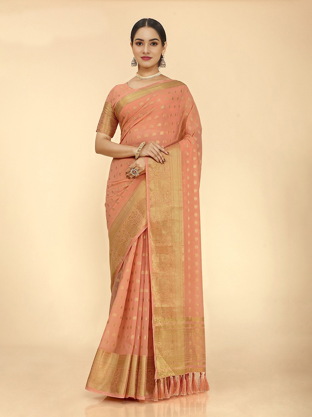 

DIVASTRI Ethnic Motifs Woven Design Zari Pure Georgette Banarasi Saree, Peach
