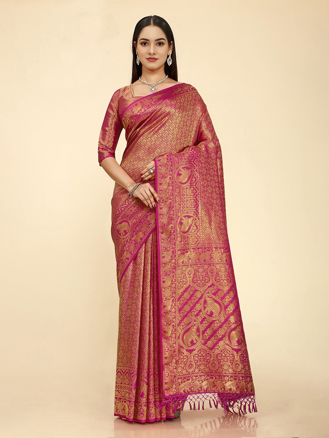 

DIVASTRI Ethnic Motifs Woven Design Zari Kanjeevaram Saree, Pink
