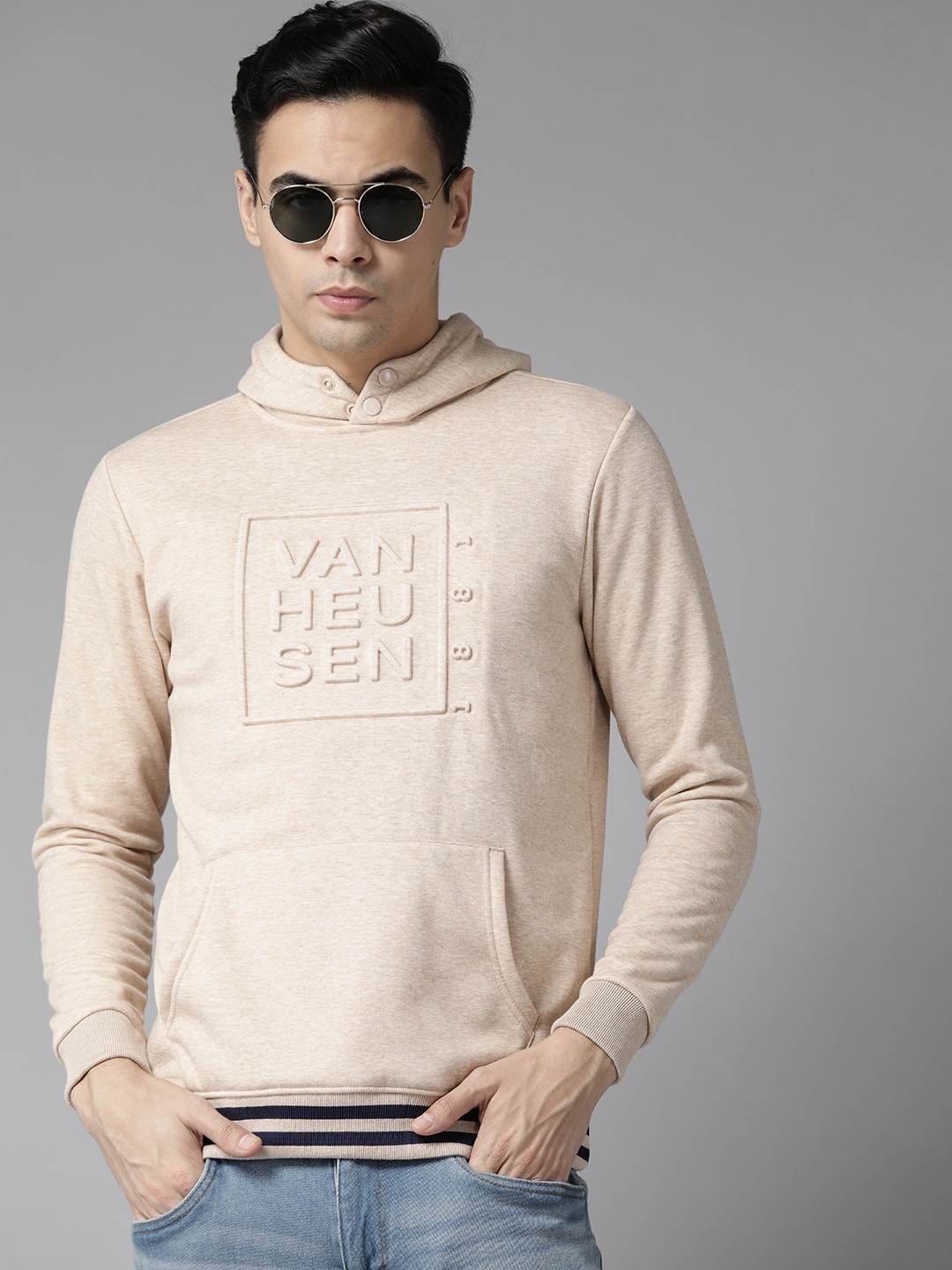 

Van Heusen Brand Logo Embossed Hooded Sweatshirt, Beige