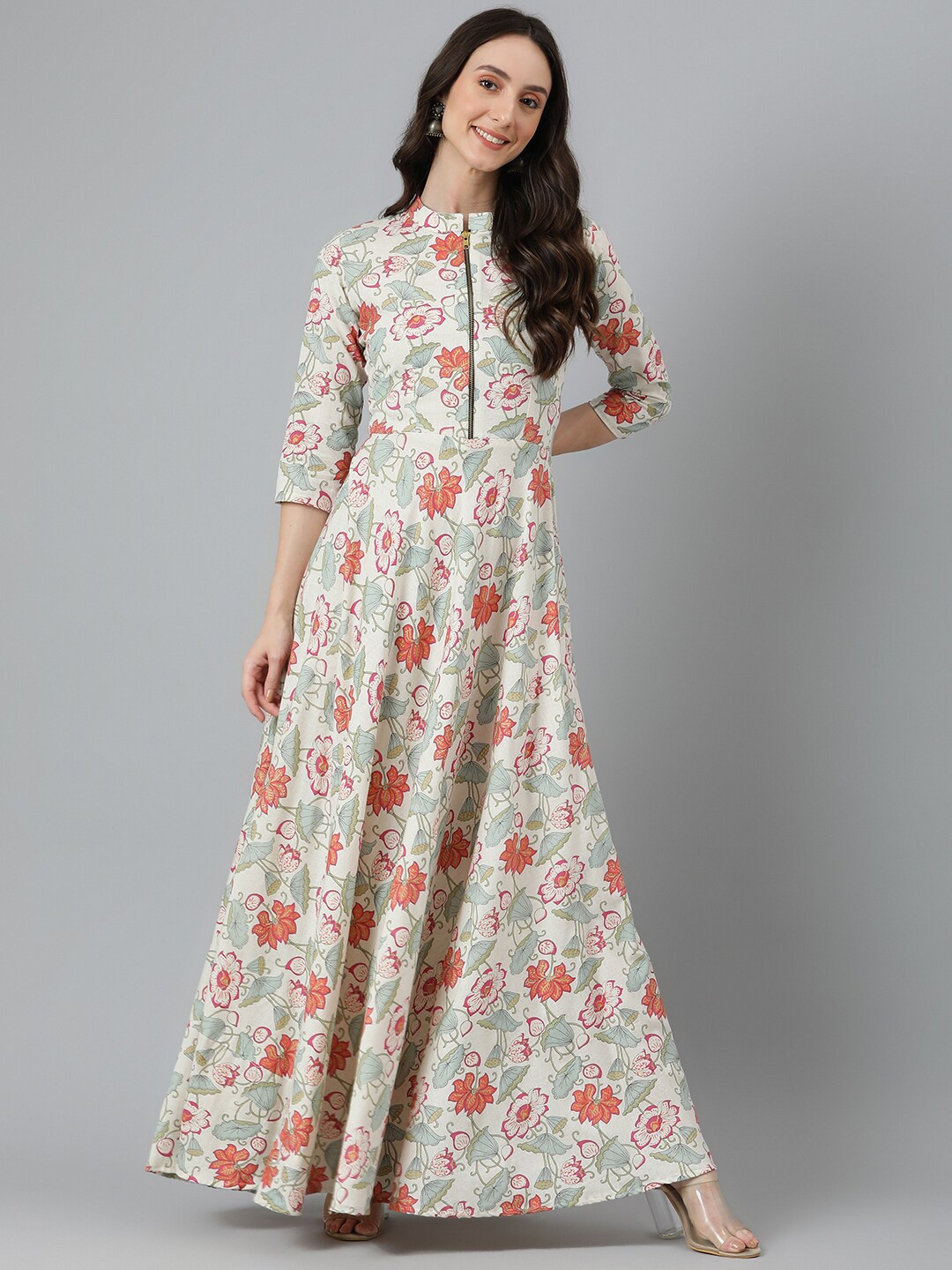 

Vinya Floral Printed Mandarin Collar Cotton Maxi Dress, Off white