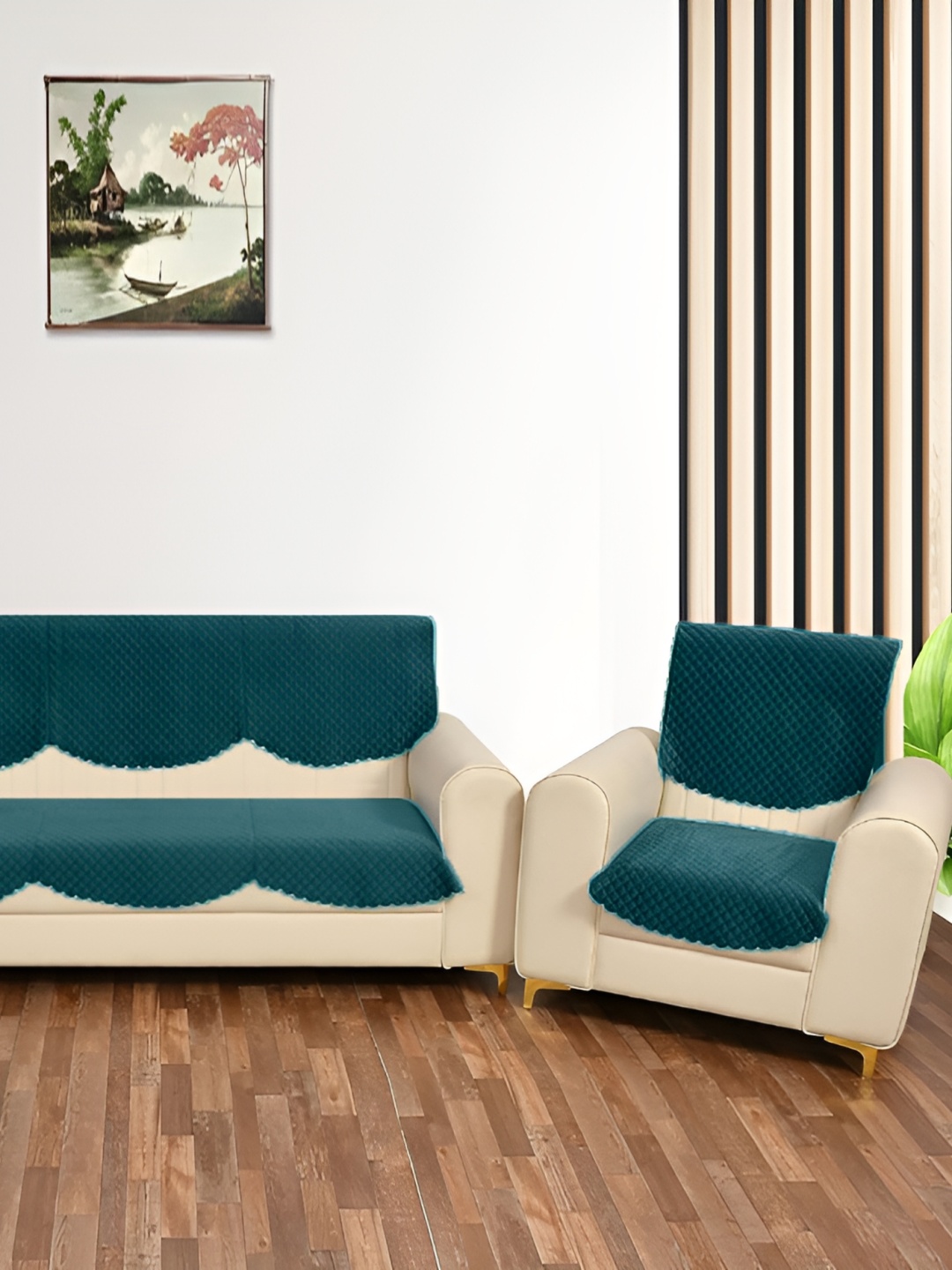 

Sparrow world 10 Pcs Teal Green Quilted Velvet 5 Seater Sofa Cover
