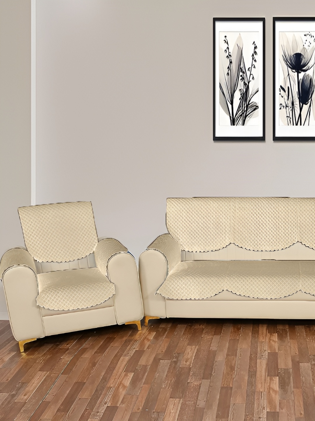 

Sparrow world 6 Pcs Beige Quilted Velvet 5-Seater Sofa Cover With Arms