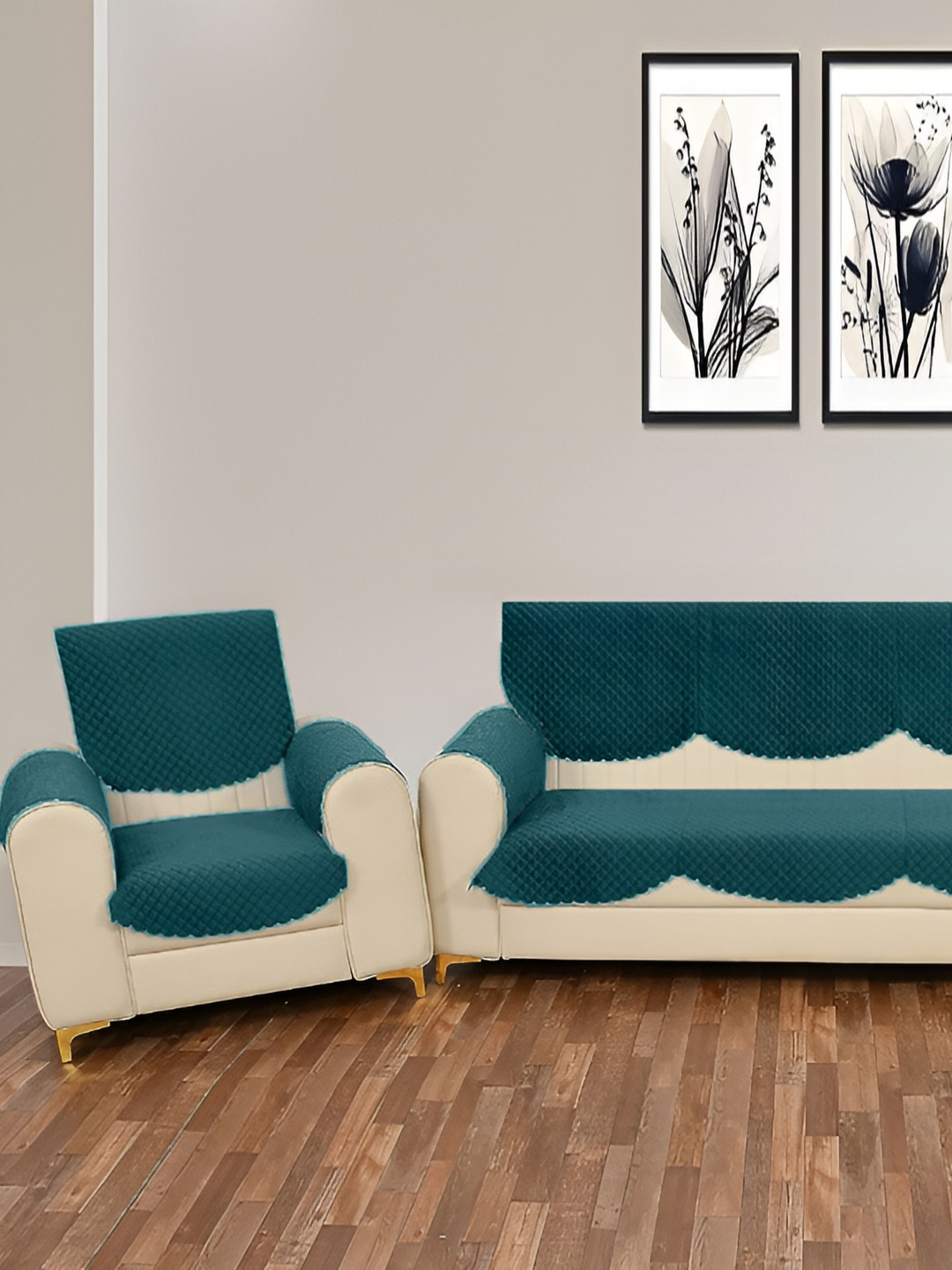 

Sparrow world Teal Green 12 Pieces Quilted Velvet 5 Seater Sofa Cover With Arms