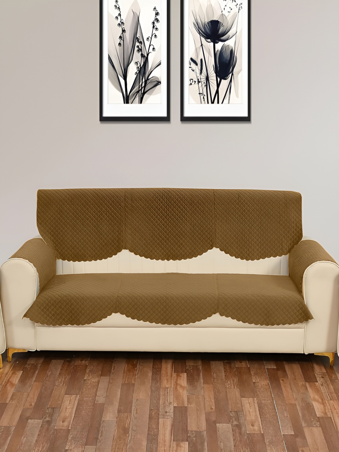 

Sparrow world Gold-Toned 4 Pieces Quilted Velvet 3 Seater Sofa Cover With Arms