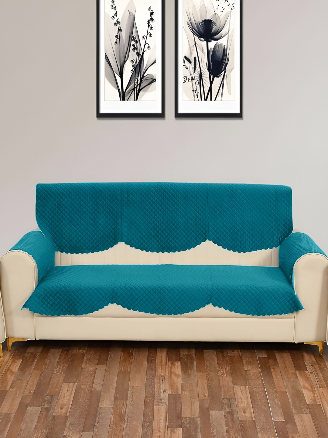 

Sparrow world Turquoise Blue 4 Pieces Quilted Velvet 3 Seater Sofa Cover With Arms