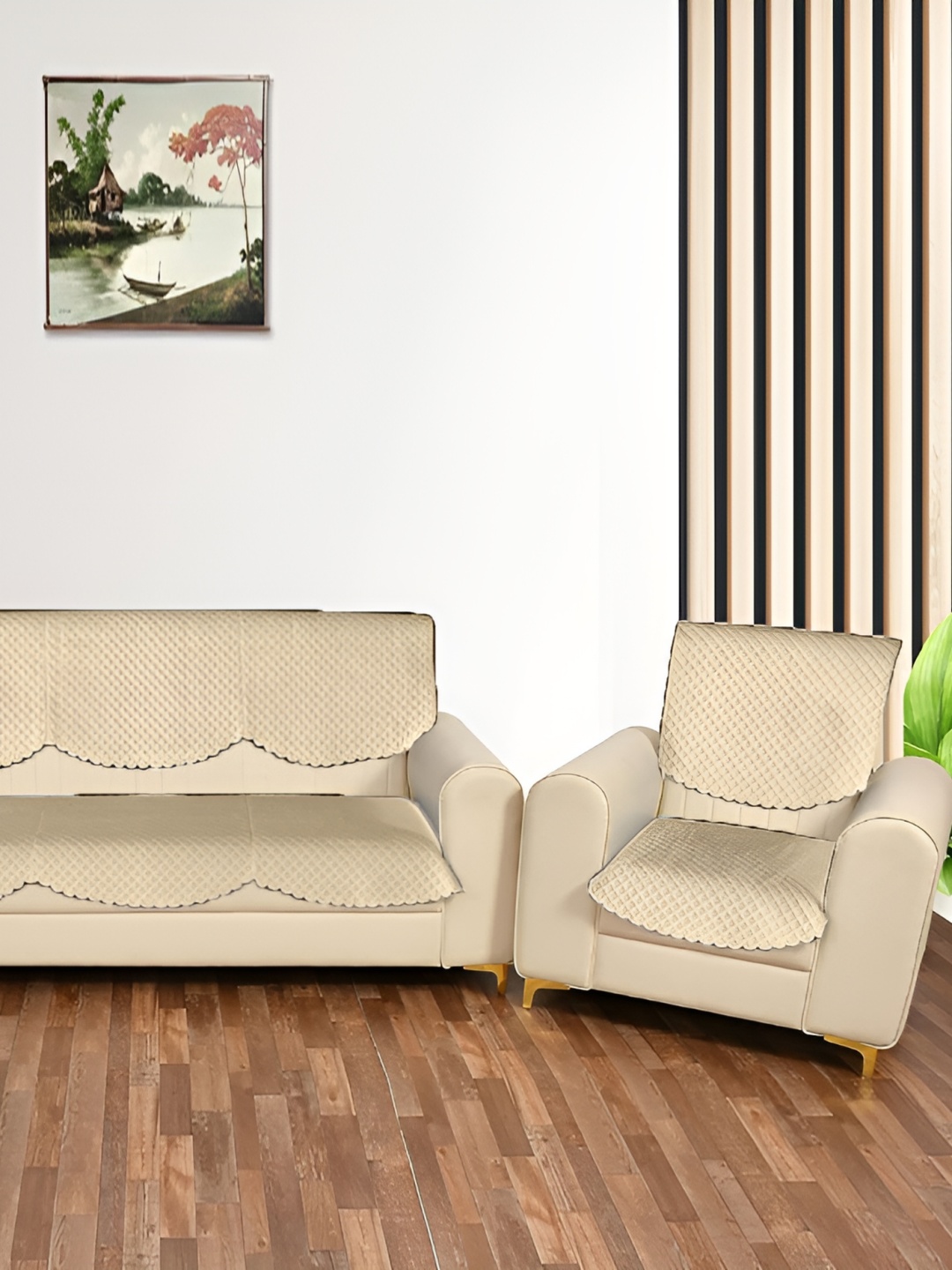 

Sparrow world Beige 6 Pieces Quilted Velvet 5 Seater Sofa Cover