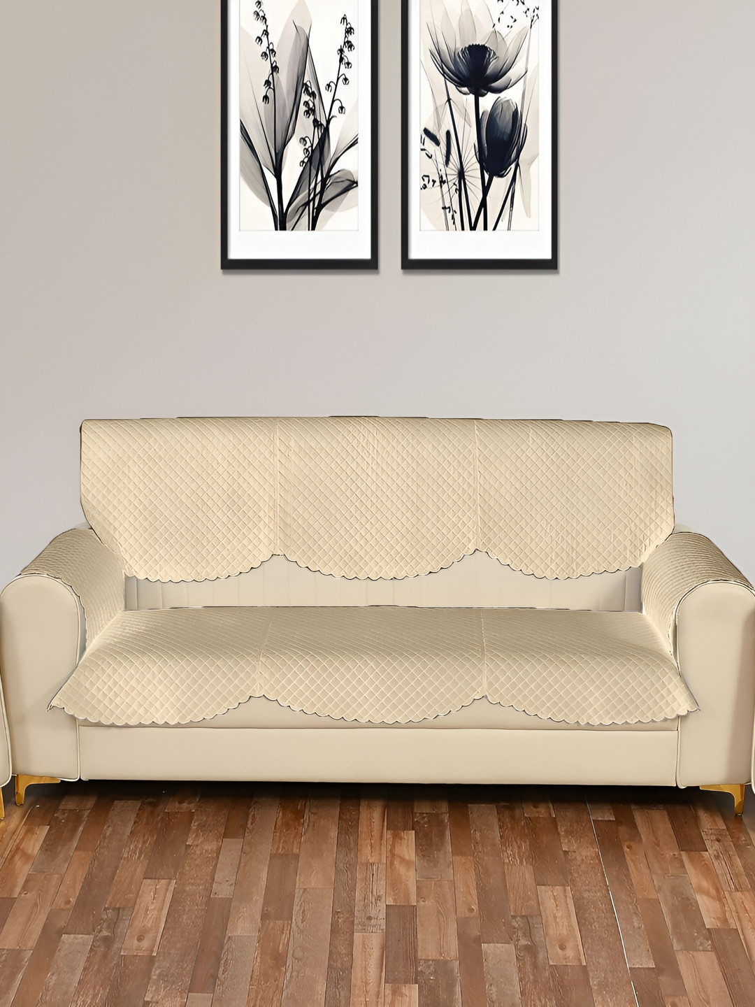 

Sparrow world Beige 4 Pieces Quilted Self Design Velvet 3 Seater Sofa Cover With Arms