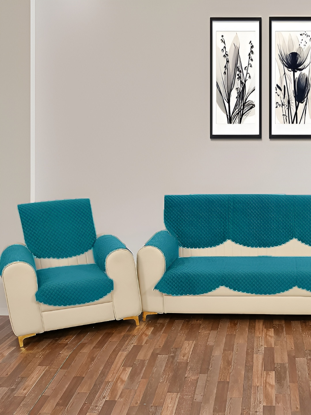 

Sparrow world Turquoise Blue 12 Pieces Quilted Velvet 5 Seater Sofa Cover With Arms