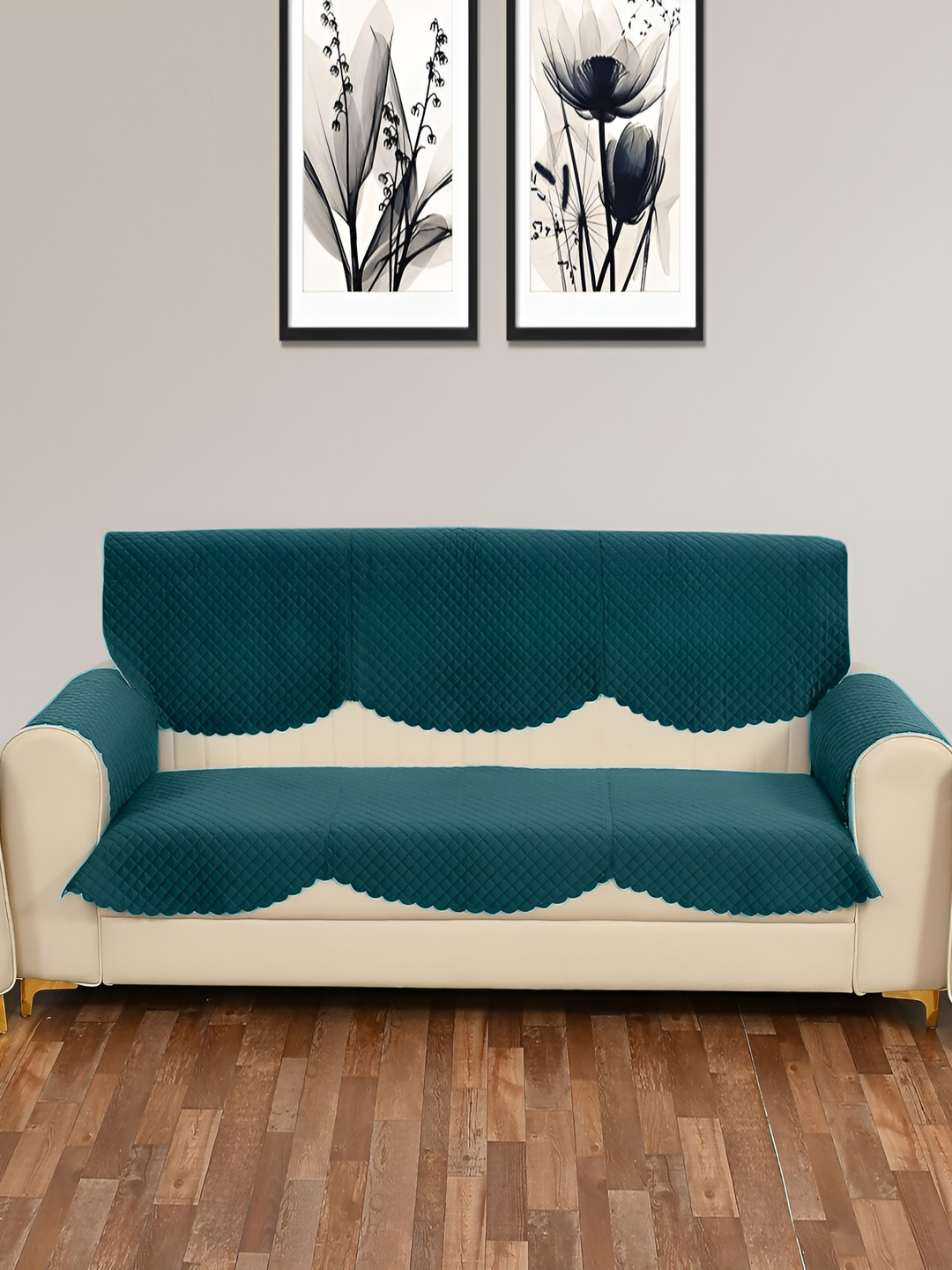 

Sparrow world Teal Blue 4 Pieces Quilted Velvet 3 Seater Sofa Cover With Arms