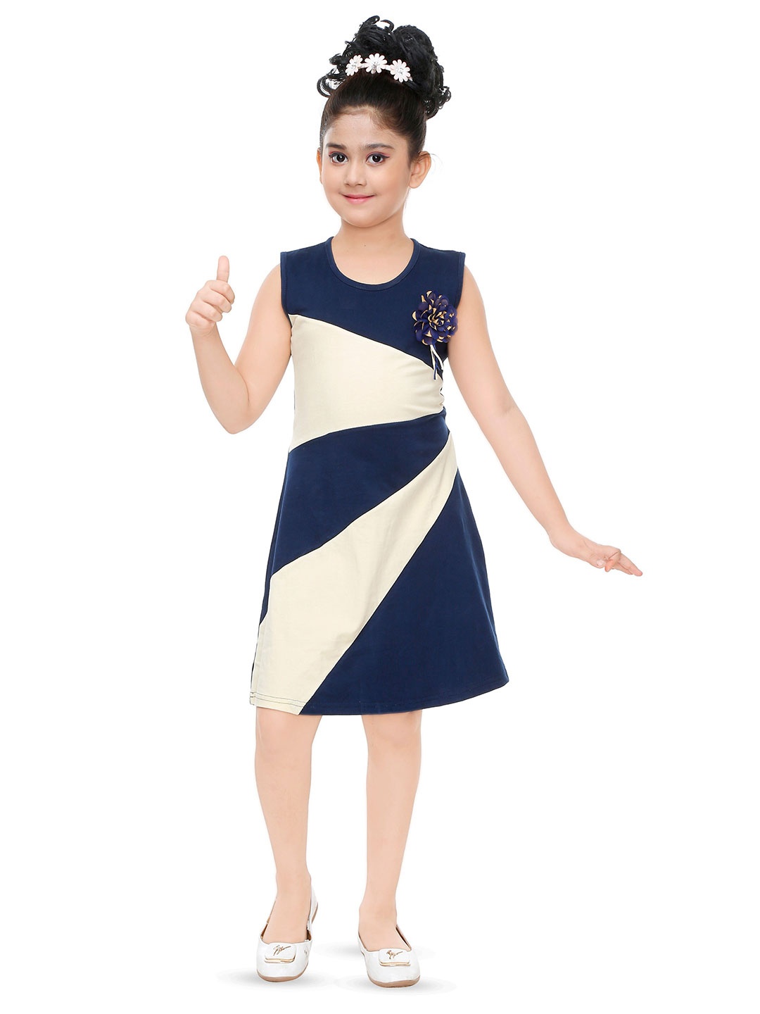 

BAESD Girls Colourblocked Sleeveless Pure Cotton A-Line Dress, Navy blue