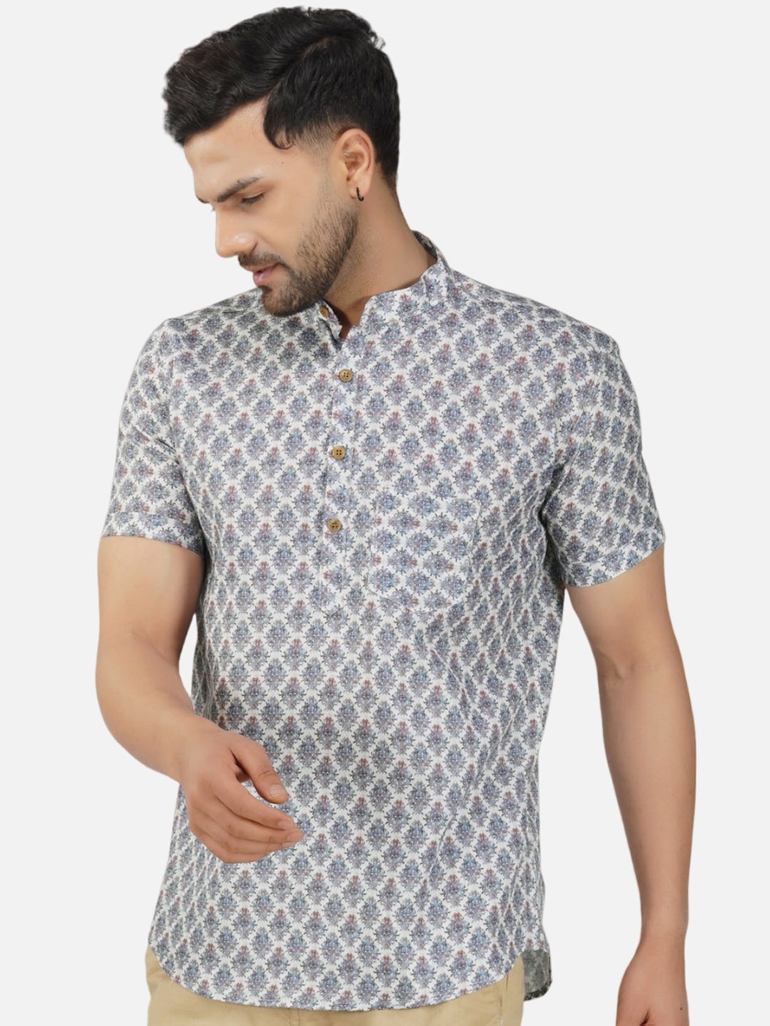 

BASE 41 Ethnic Motifs Printed Band Collar Straight Kurta, Grey