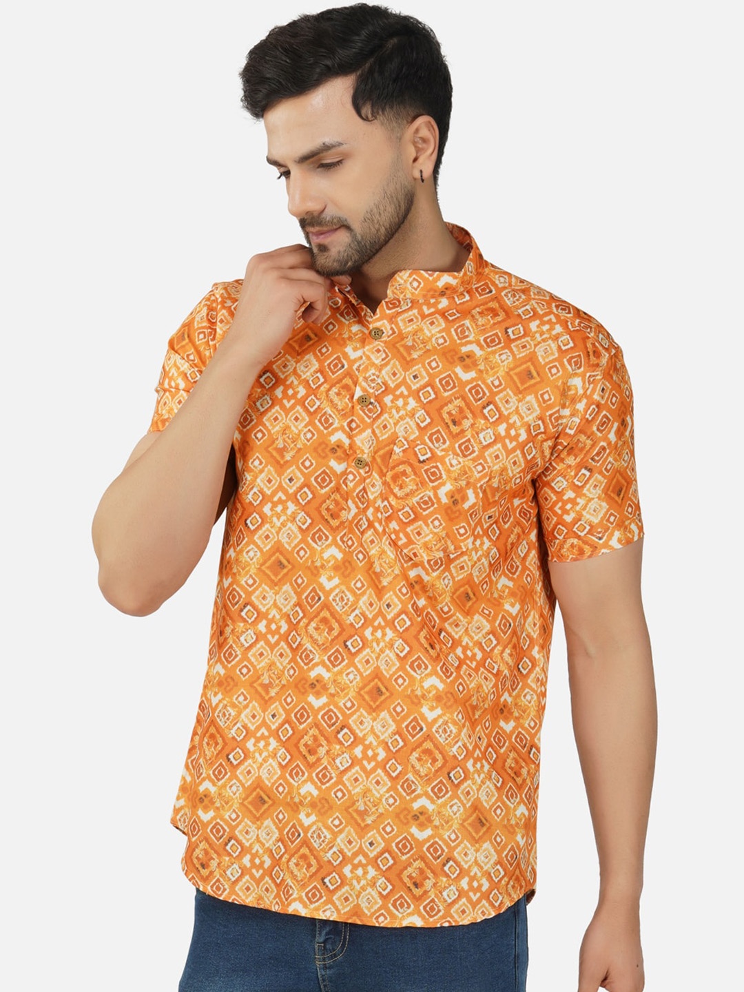 

BASE 41 Ethnic Motifs Printed Band Collar Kurta, Yellow