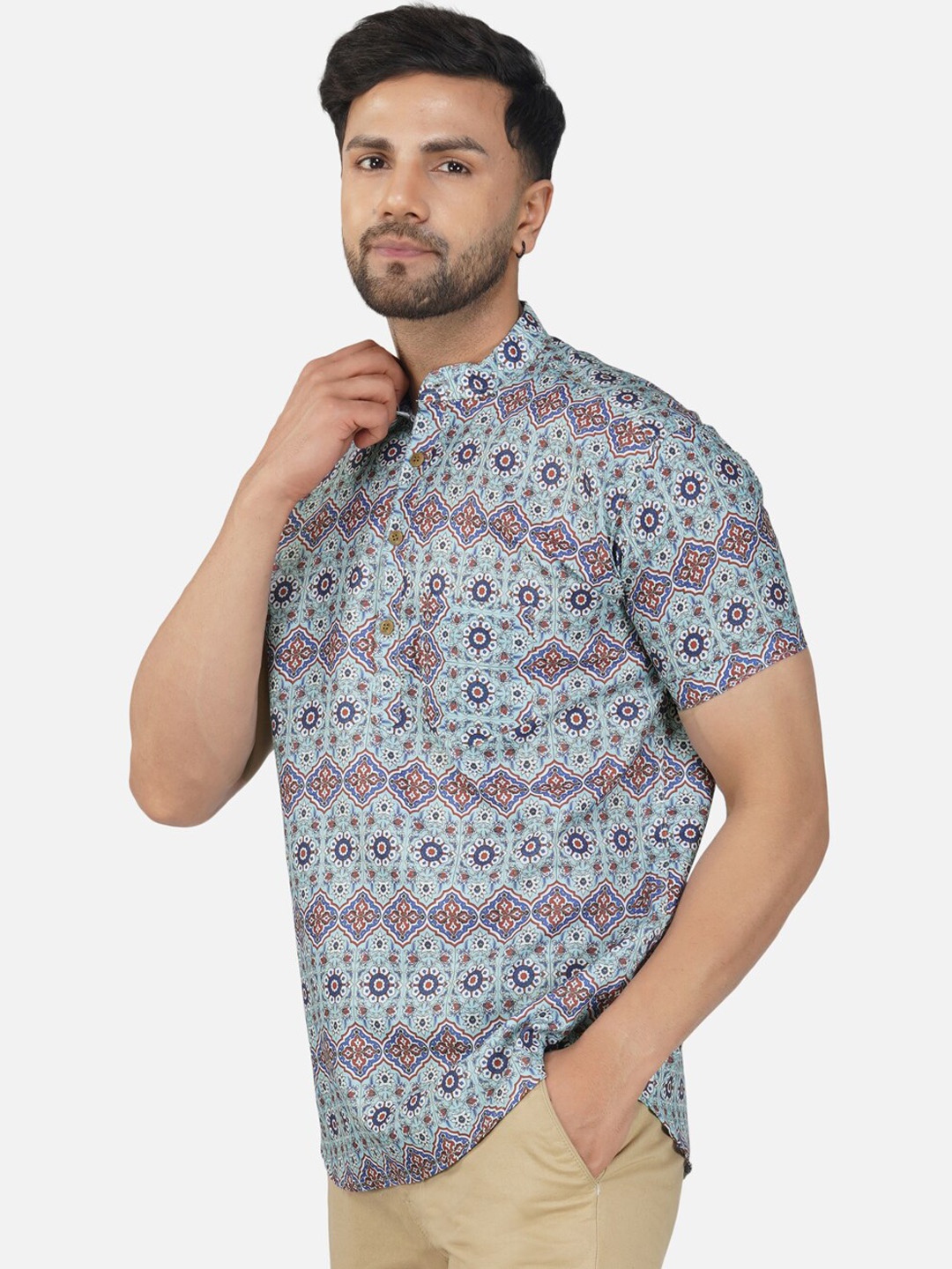 

BASE 41 Ethnic Motifs Printed Band Collar Kurta, Grey