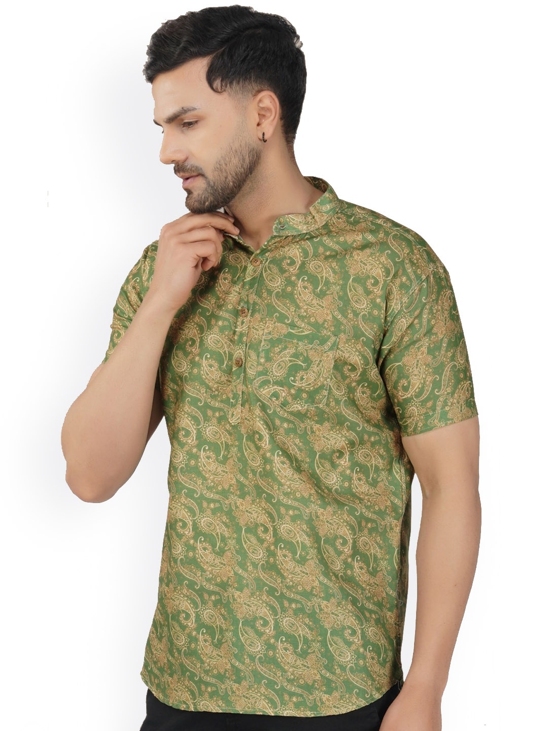 

BASE 41 Paisley Printed Mandarin Collar Short Kurta, Green