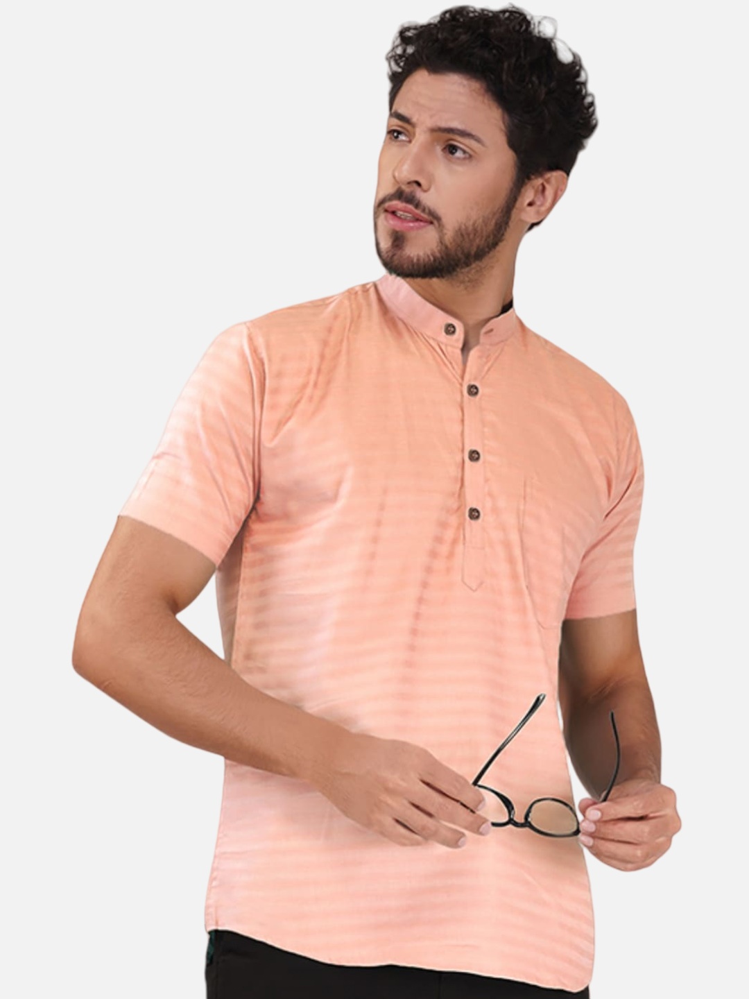 

BASE 41 Striped Cotton Band Collar Kurta, Peach