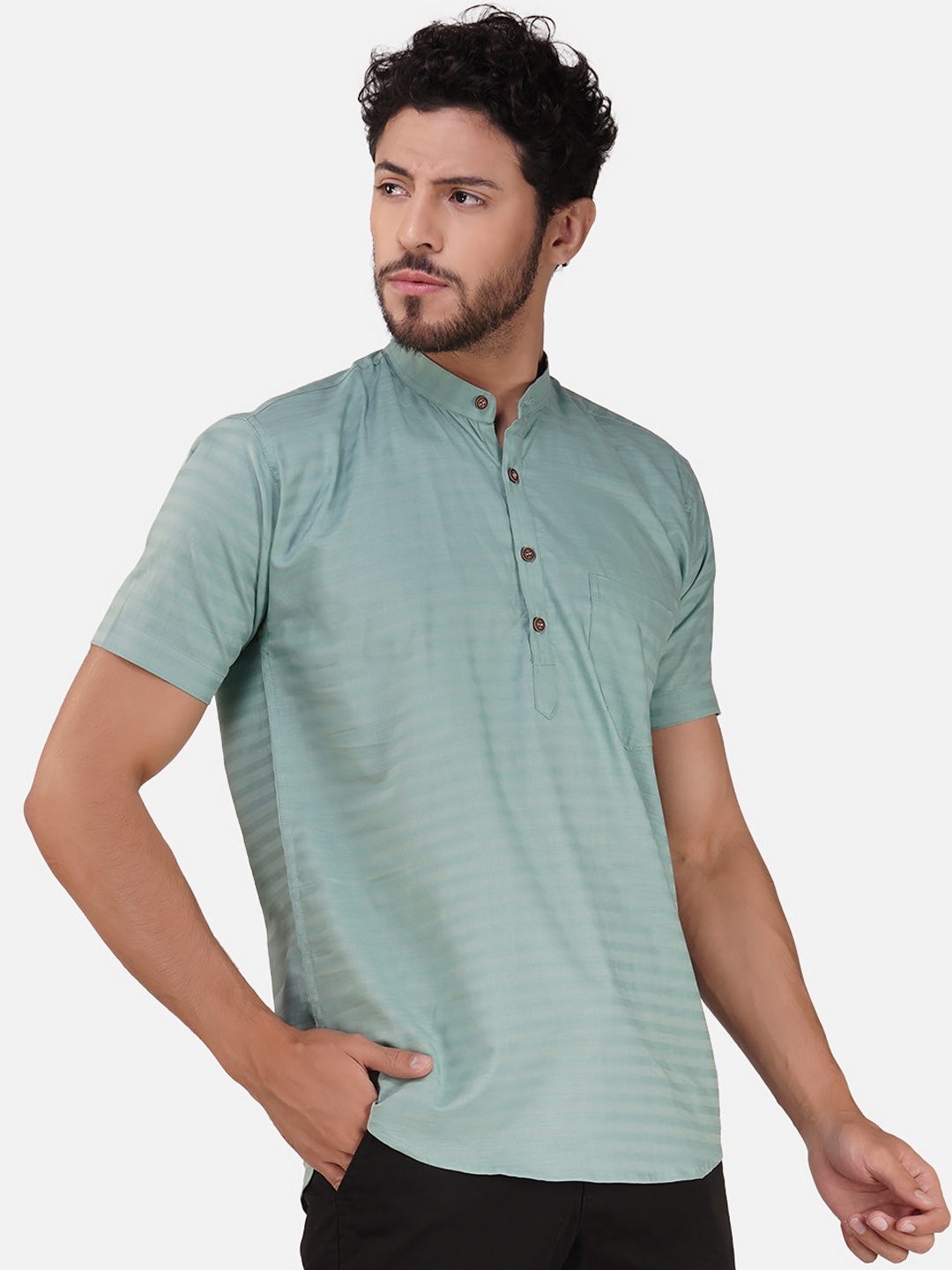 

BASE 41 Striped Band Collar Kurta, Green