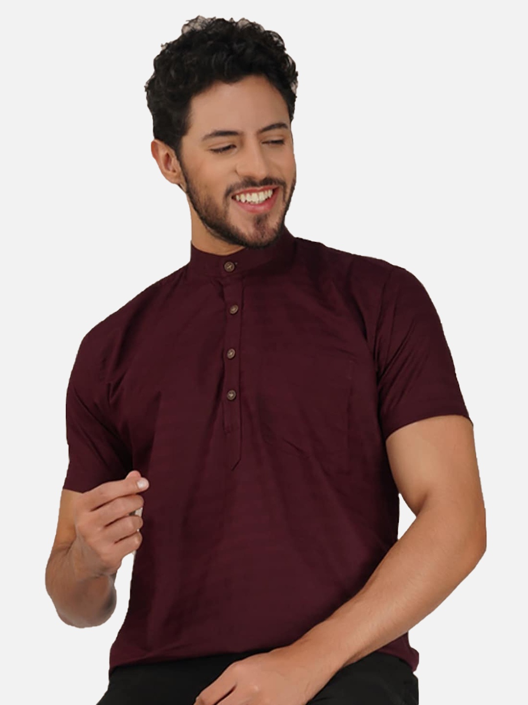 

BASE 41 Striped Cotton Band Collar Kurta, Maroon