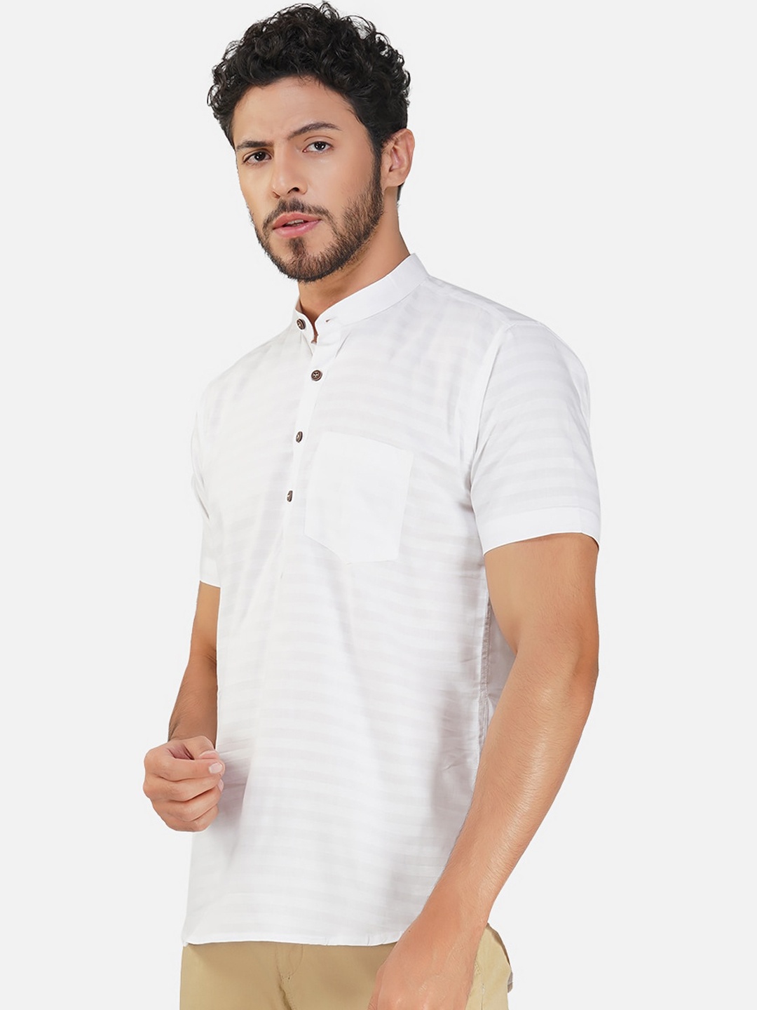 

BASE 41 Striped Cotton Band Collar Kurta, White